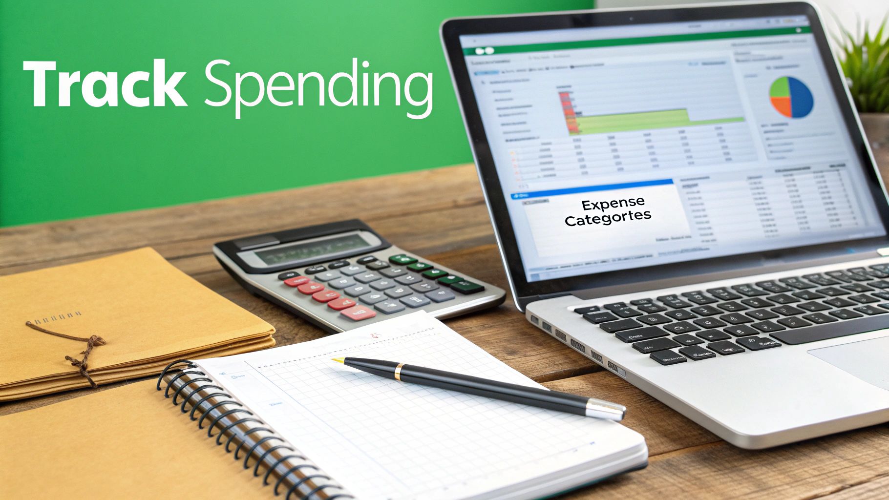 A desk setup with a laptop displaying financial graphs, a calculator, and a notebook, with 'Track Spending' on a green wall- Proven Money Saving Tips