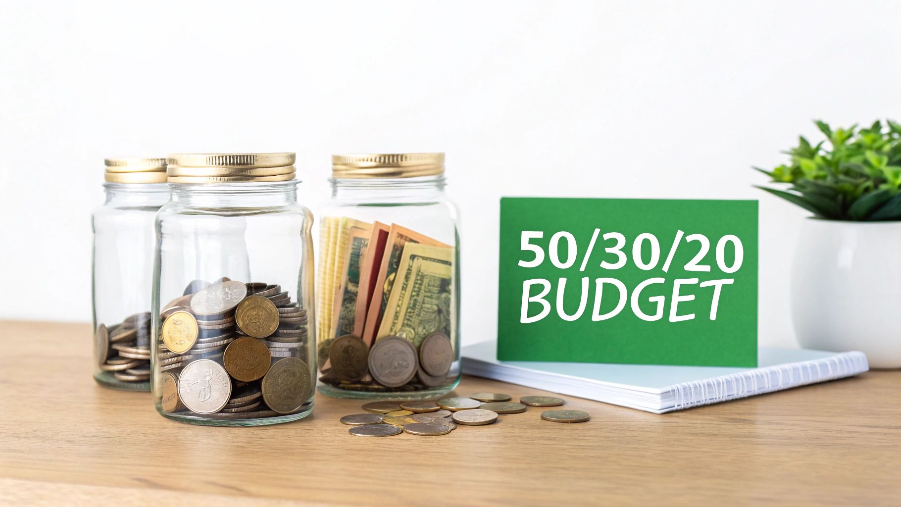 Two glass jars with coins and cash next to green 50/30/20 budget sign on desk