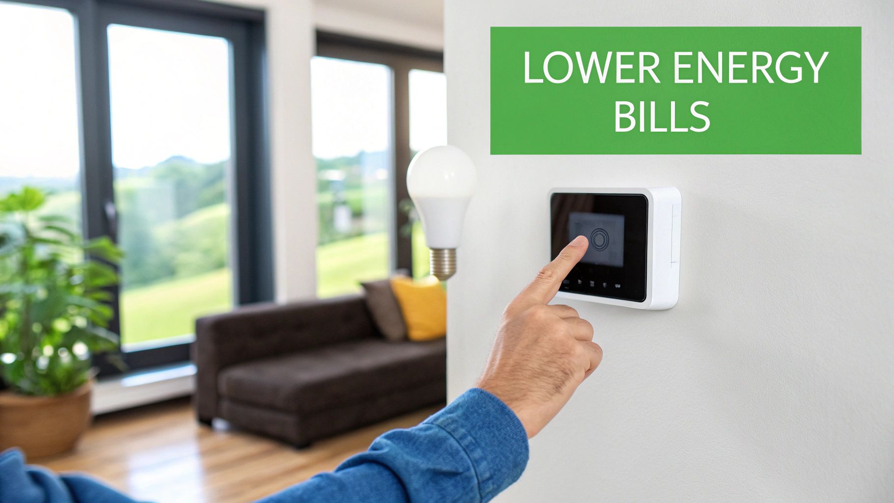 A hand adjusts a smart thermostat on a wall, with a smart light bulb and 'LOWER ENERGY BILLS' text.
