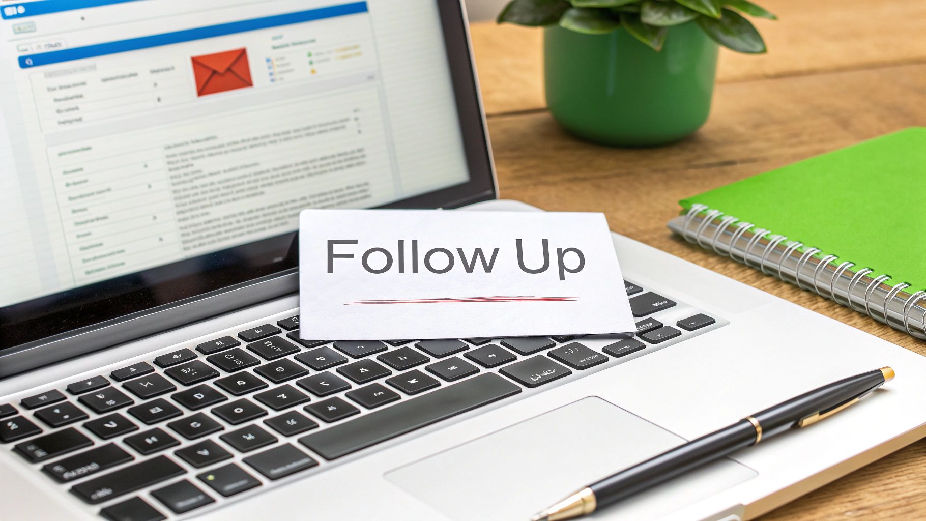 A laptop showing an email inbox, with a 'Follow Up' card on its keyboard, a pen, and a green notebook on a wooden desk.