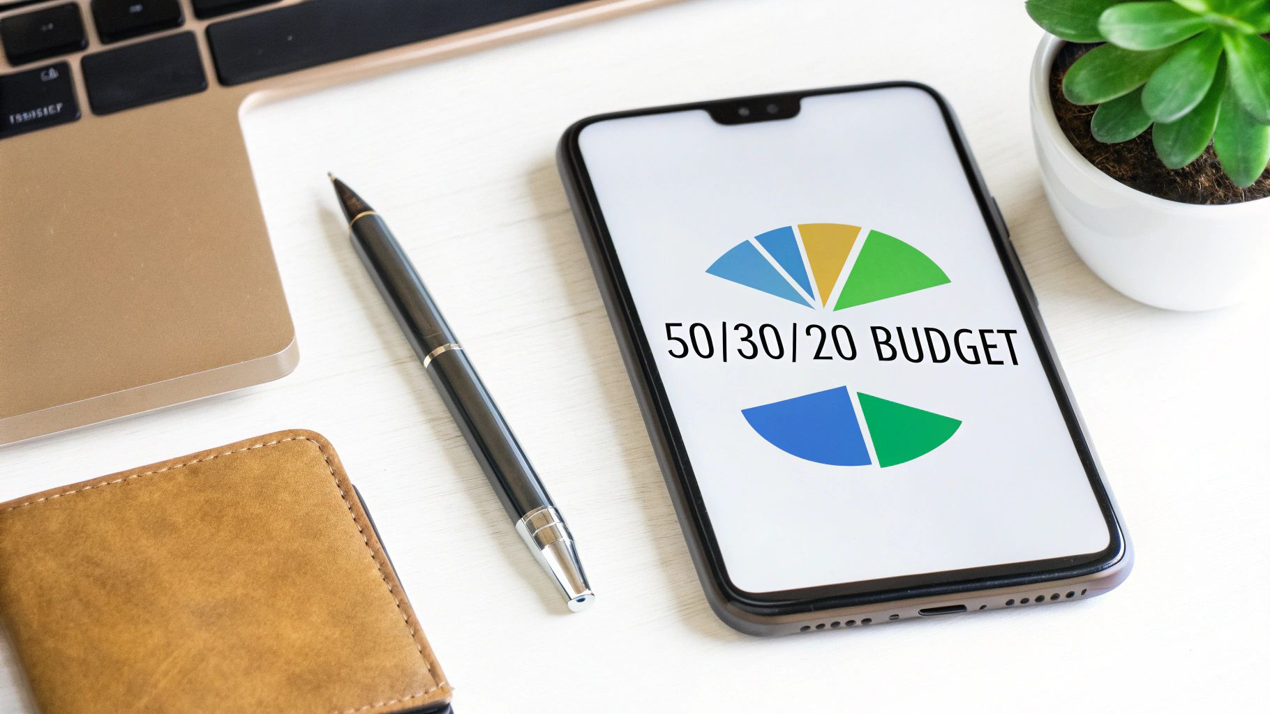 A smartphone displaying a 50/30/20 budget pie chart on a clean workspace with a laptop and pen.