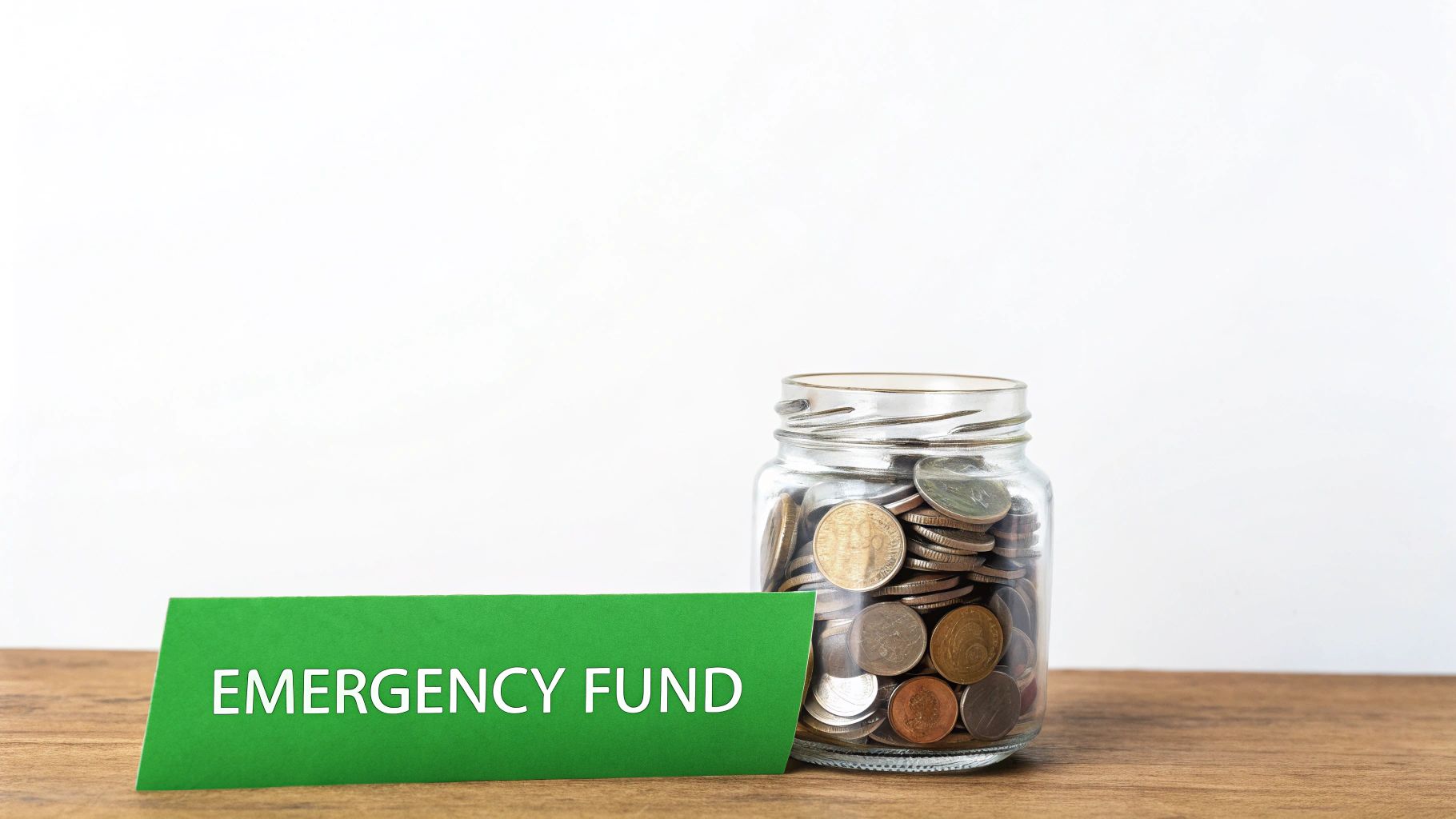 Glass jar filled with coins labeled emergency fund on wooden table representing savings