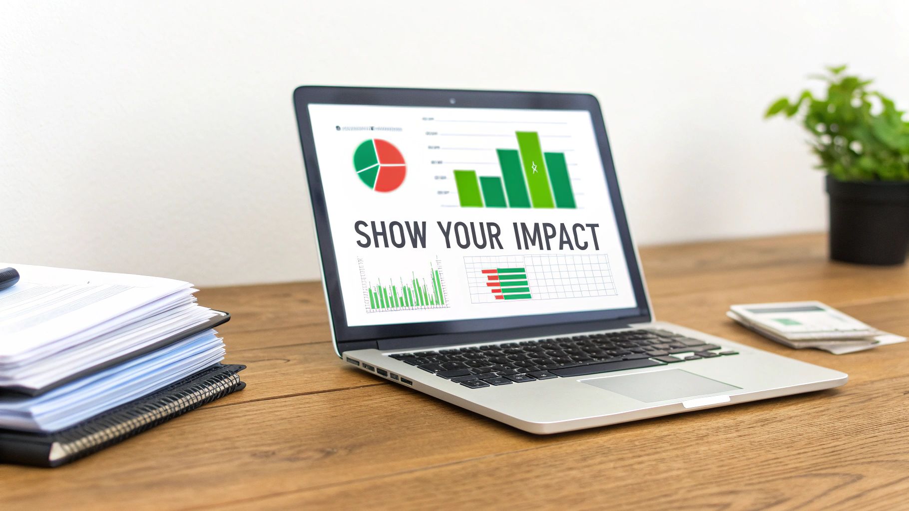 A laptop on a wooden desk displaying 'SHOW YOUR IMPACT' with various business graphs and charts.