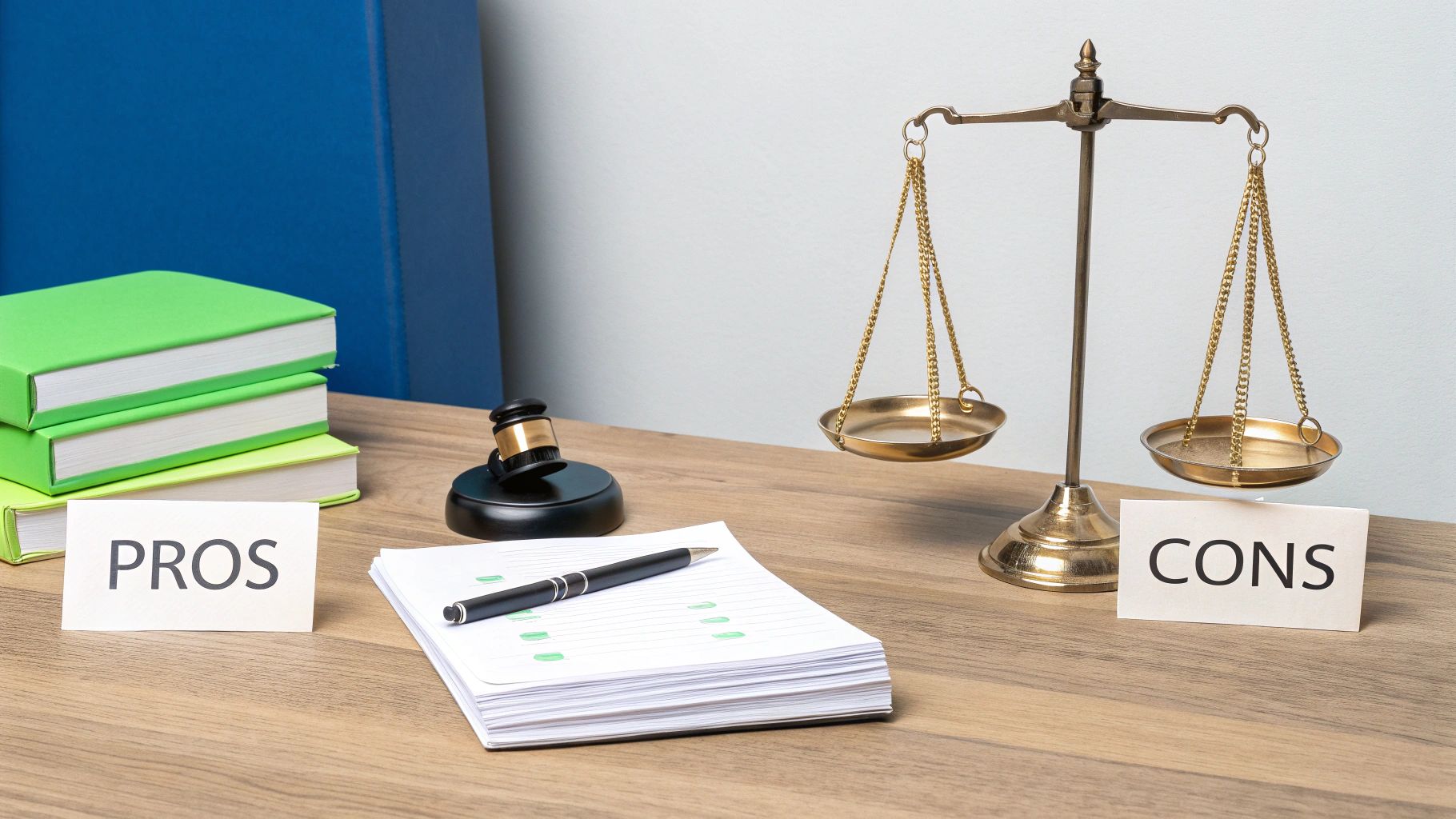 A desk with a scale of justice, a gavel, 'PROS' and 'CONS' cards, books, and papers.