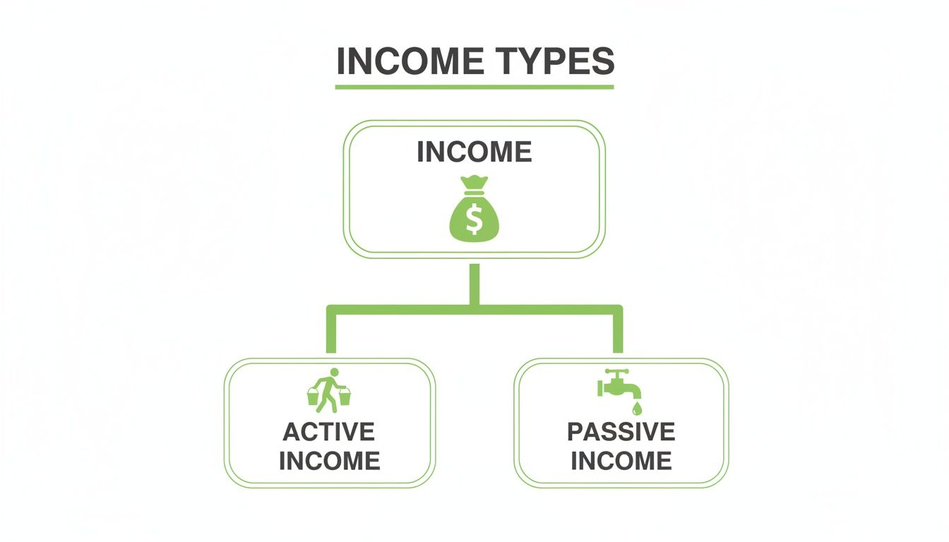 Diagram illustrating income types: active income (person with buckets) and passive income (water faucet).