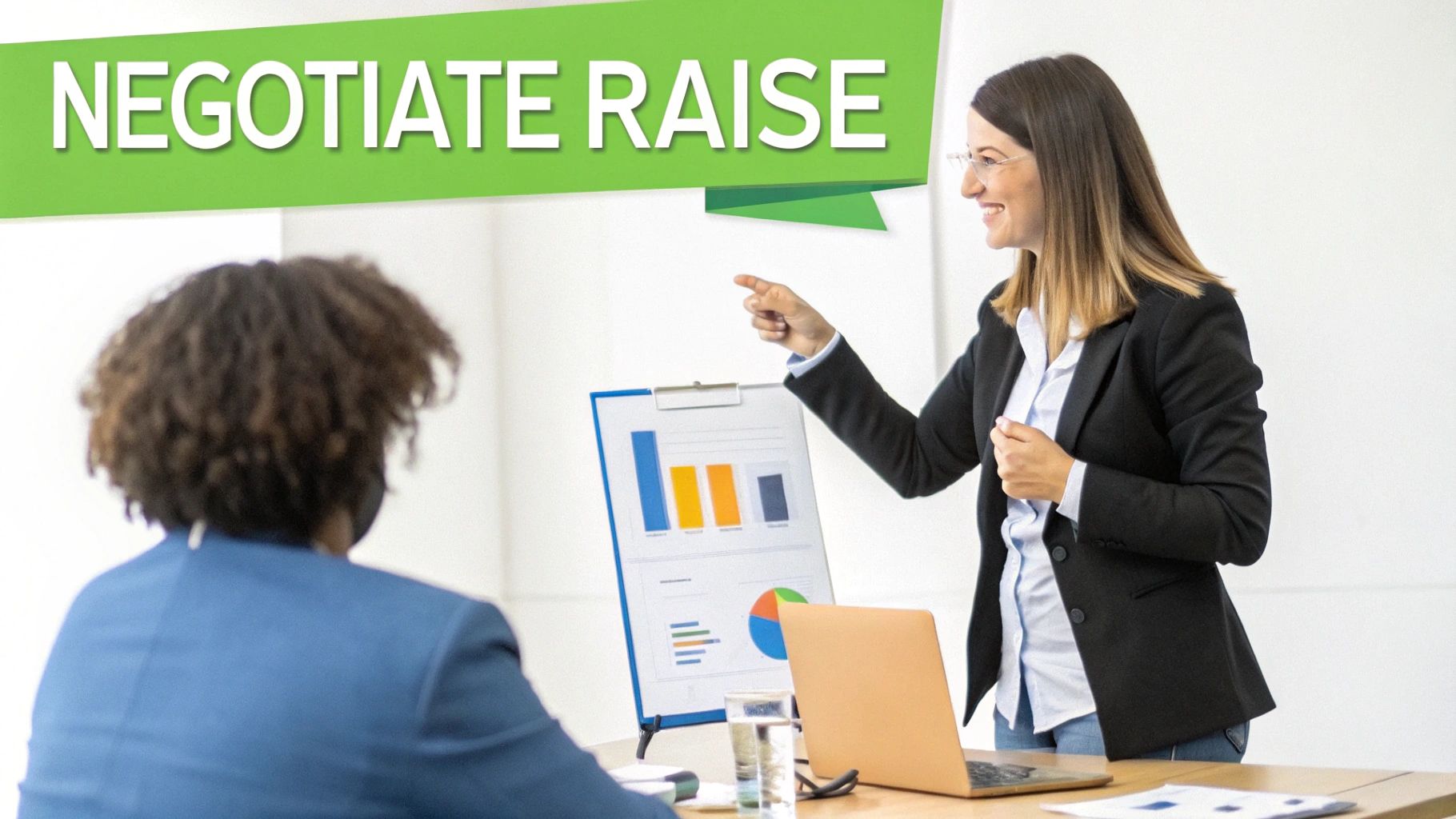 A businesswoman presents data to a colleague, discussing performance and negotiating a raise.