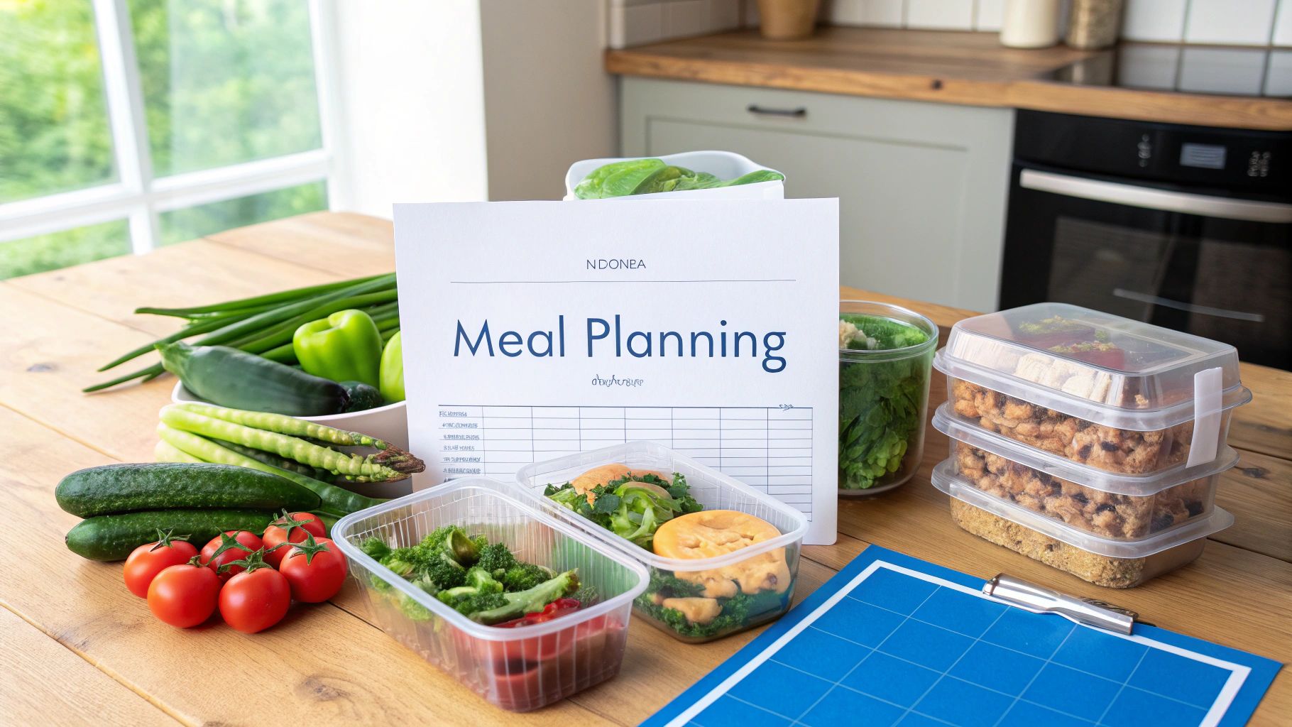 A meal planning sheet, fresh vegetables, and prepped food containers on a wooden kitchen table.