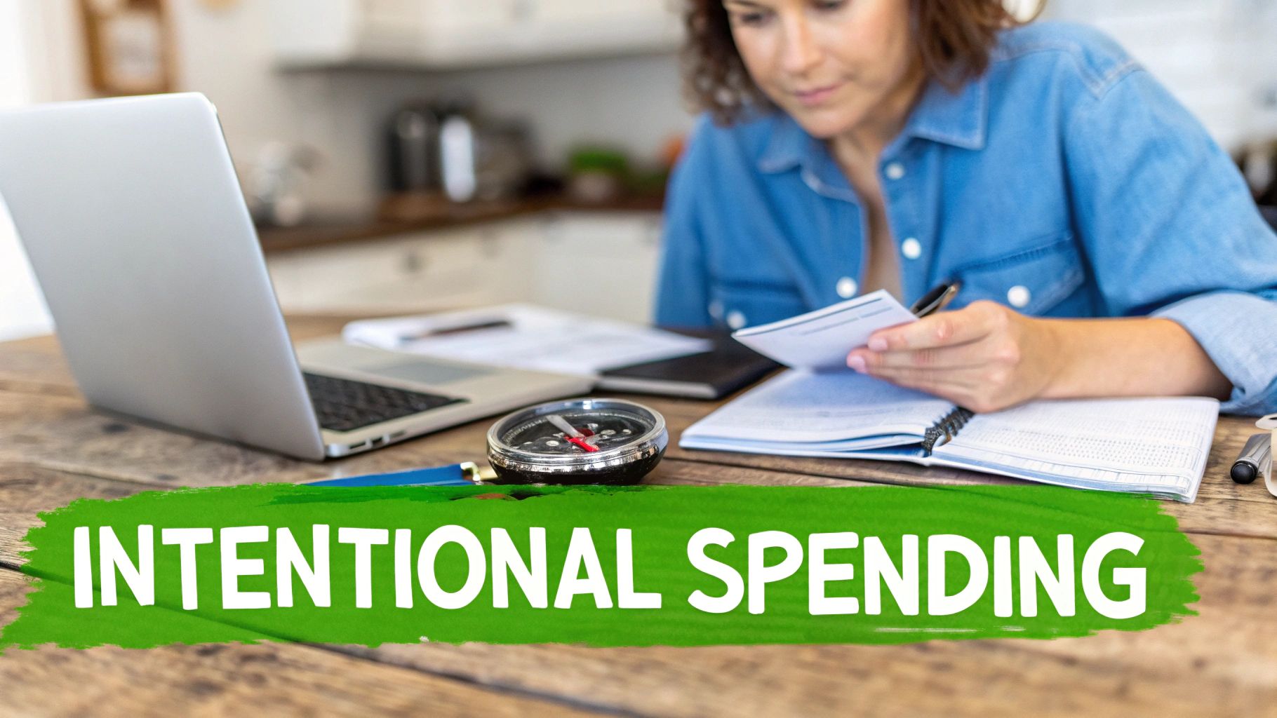 A woman reviews finances at a wooden table with a laptop, compass, and papers, with 'Intentional Spending' overlay.