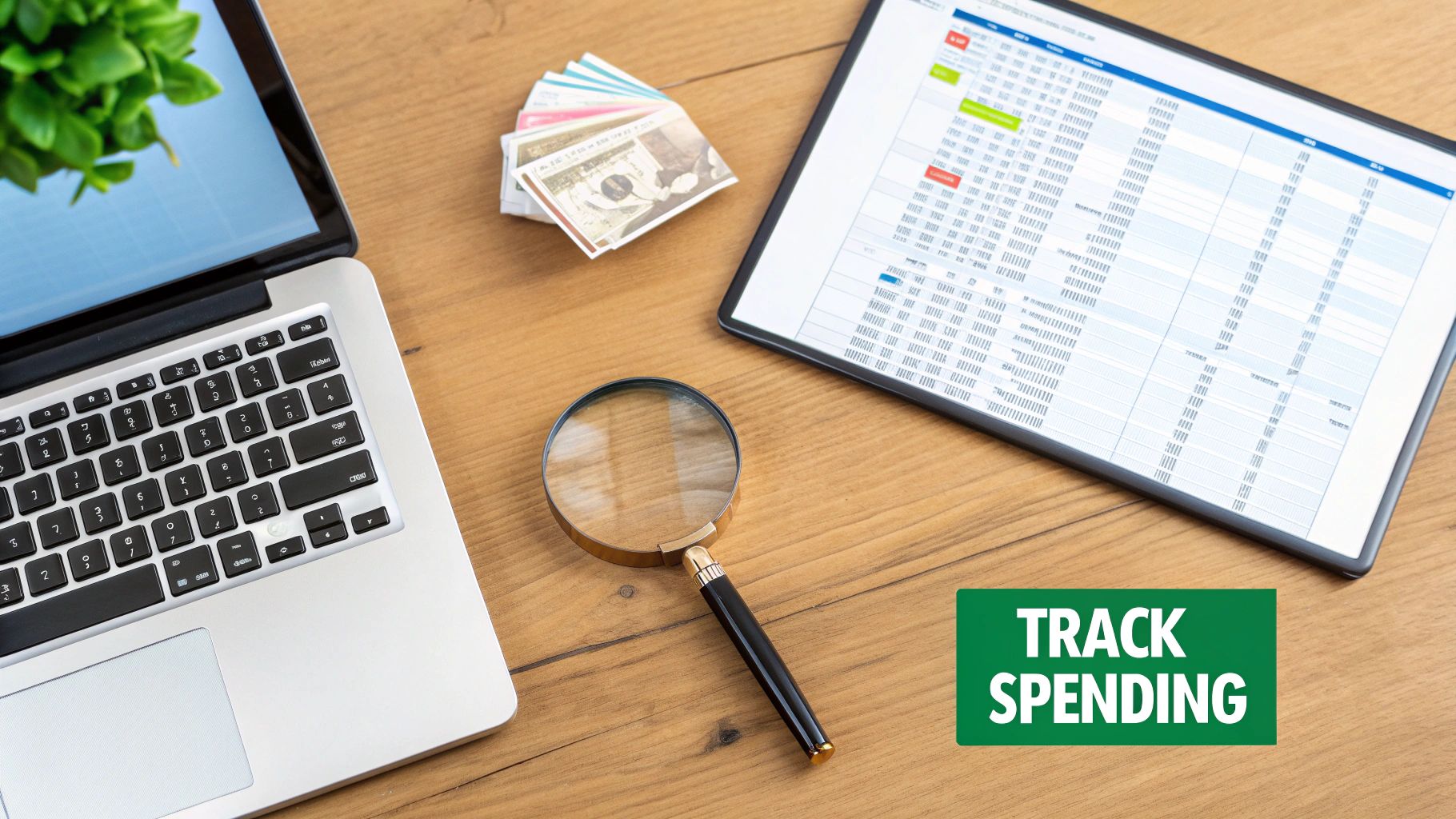 Overhead shot of a wooden desk with a laptop, cash, magnifying glass, and a spreadsheet on a tablet, with 'TRACK SPENDING' text.