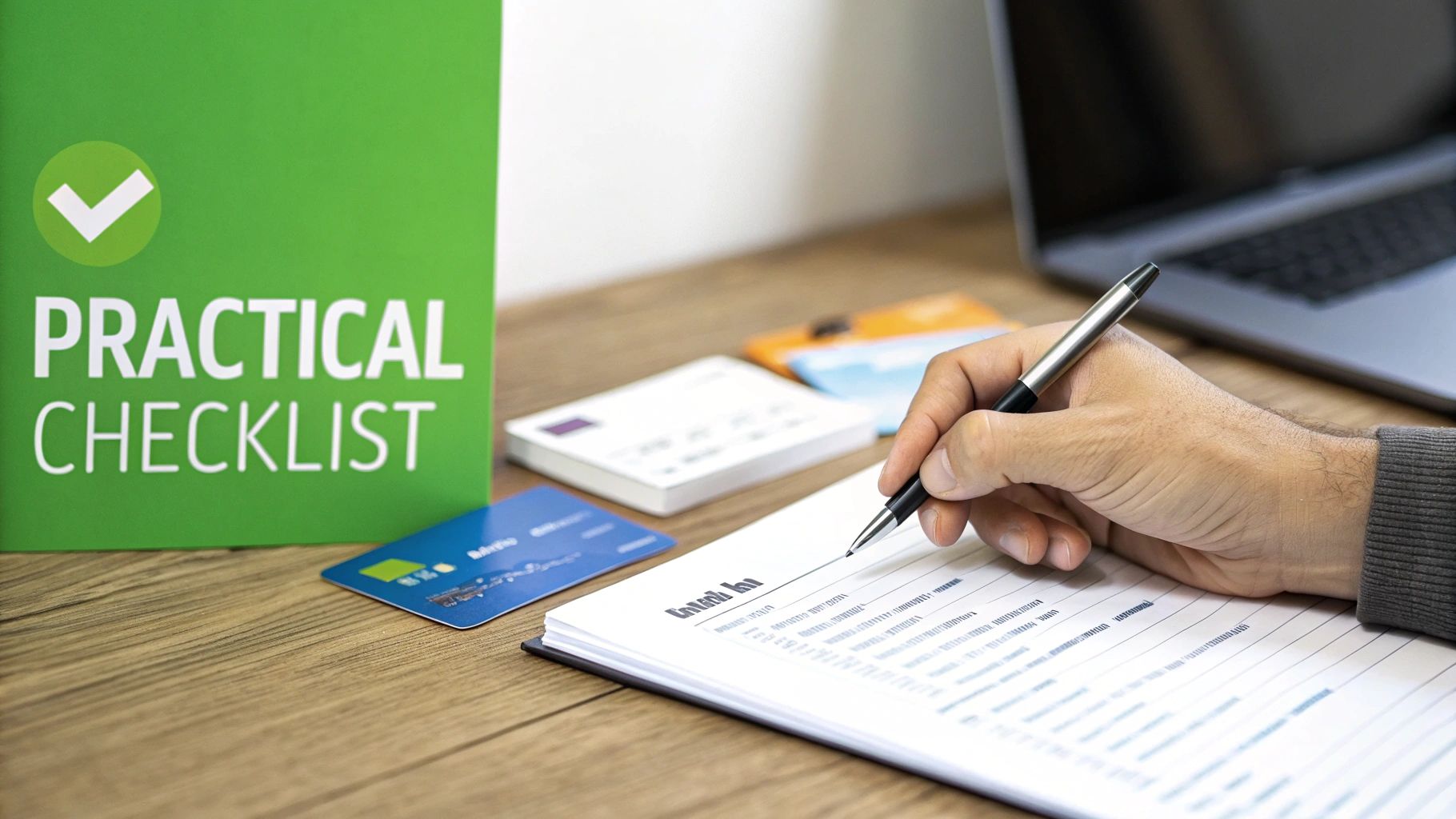 A person's hand writes on a practical checklist with a pen, next to a binder and credit card.