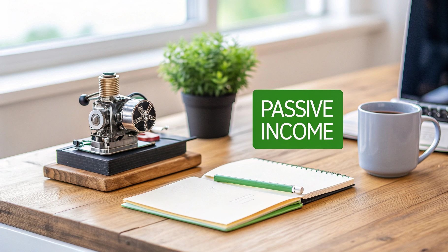 Desk with a mechanical model, plant, notebook, laptop, and coffee, displaying 'PASSIVE INCOME'.
