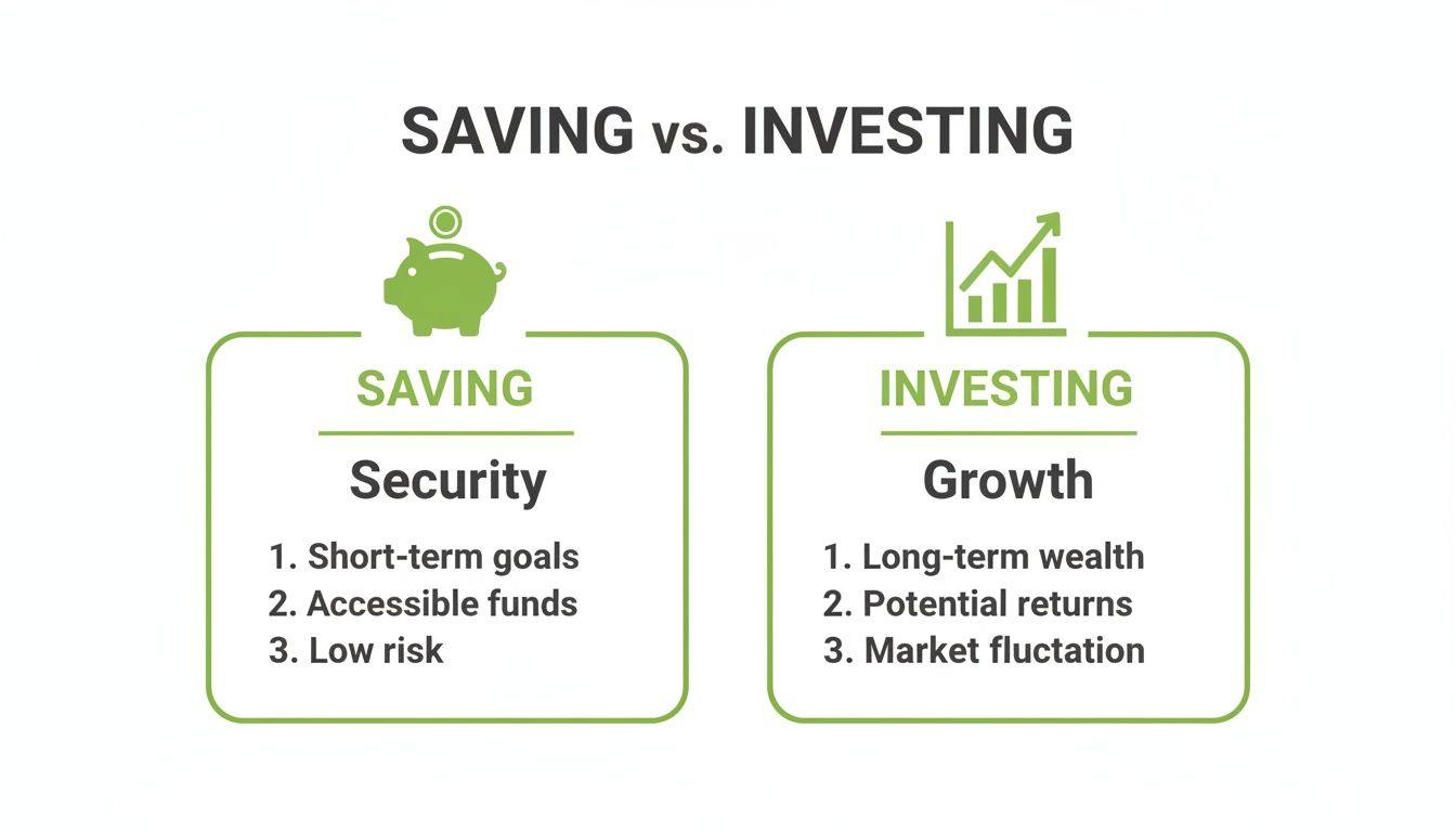 A comparison chart highlighting the difference between saving and investing.
