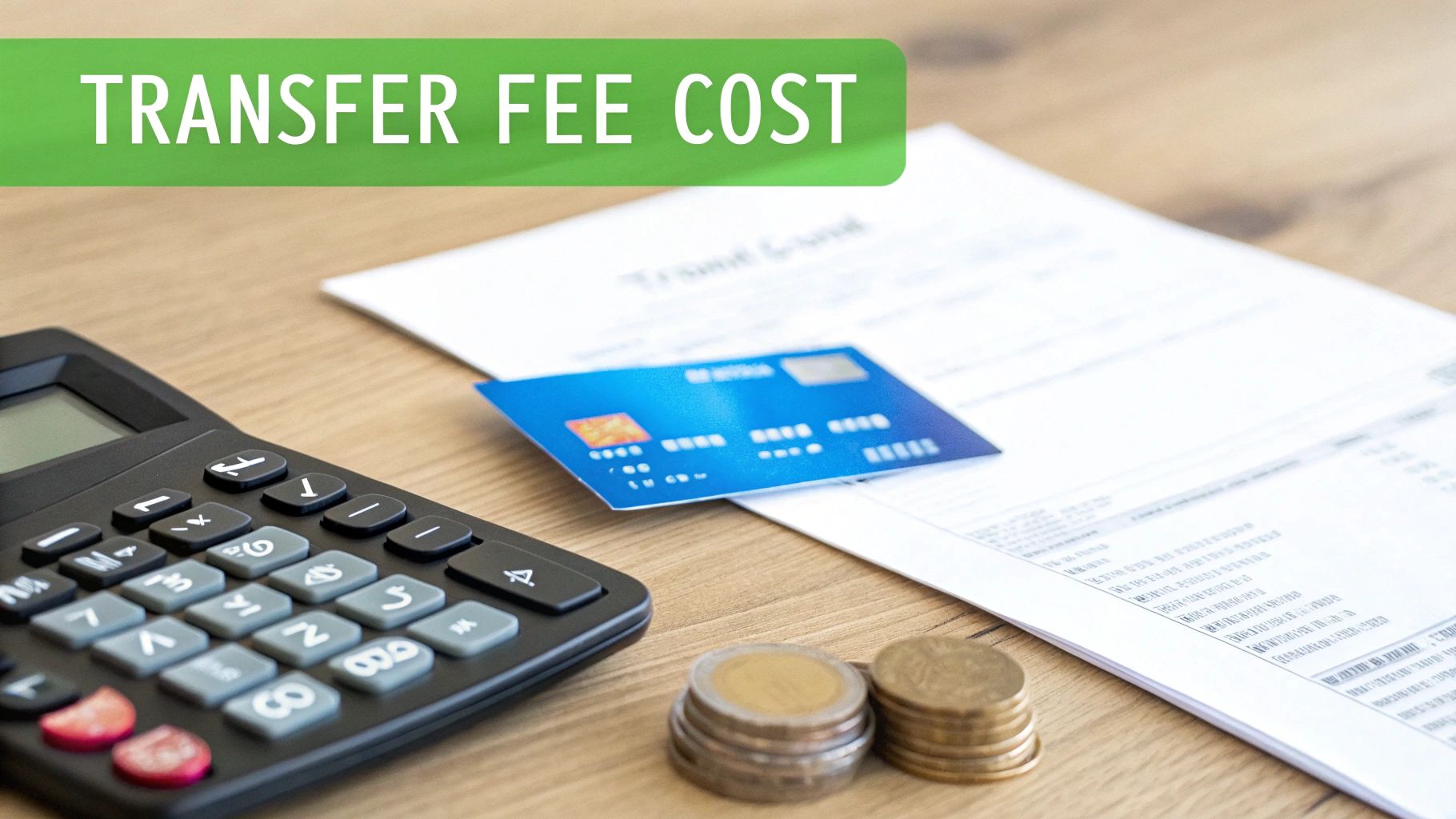 A calculator, stacked coins, blue credit card, and documents on a wooden desk with a 'TRANSFER FEE COST' banner.