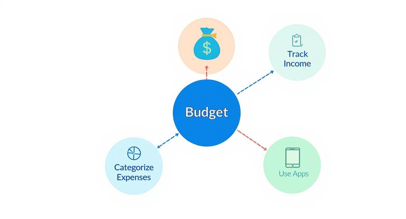 A mind map illustrating budgeting strategies: Track Income, Categorize Expenses, Use Apps, and managing money.