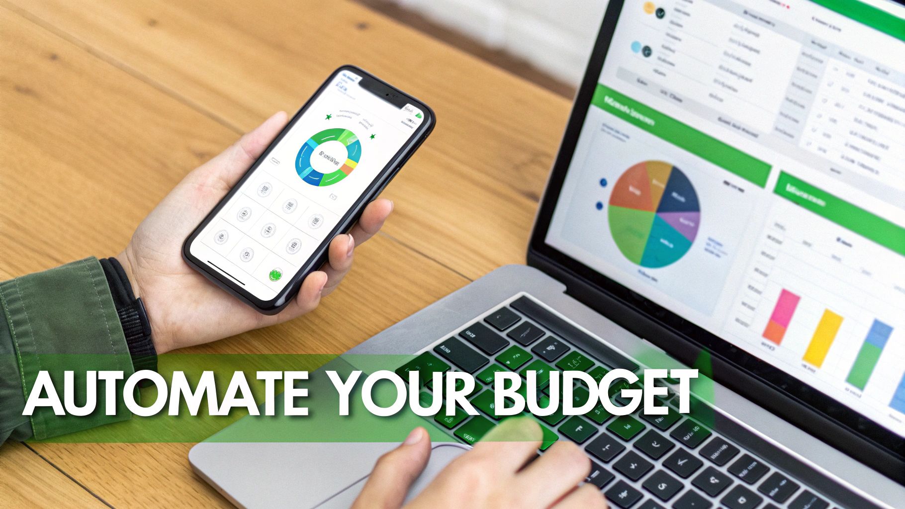 Person holding smartphone with budget app while working on laptop showing financial charts and data visualization