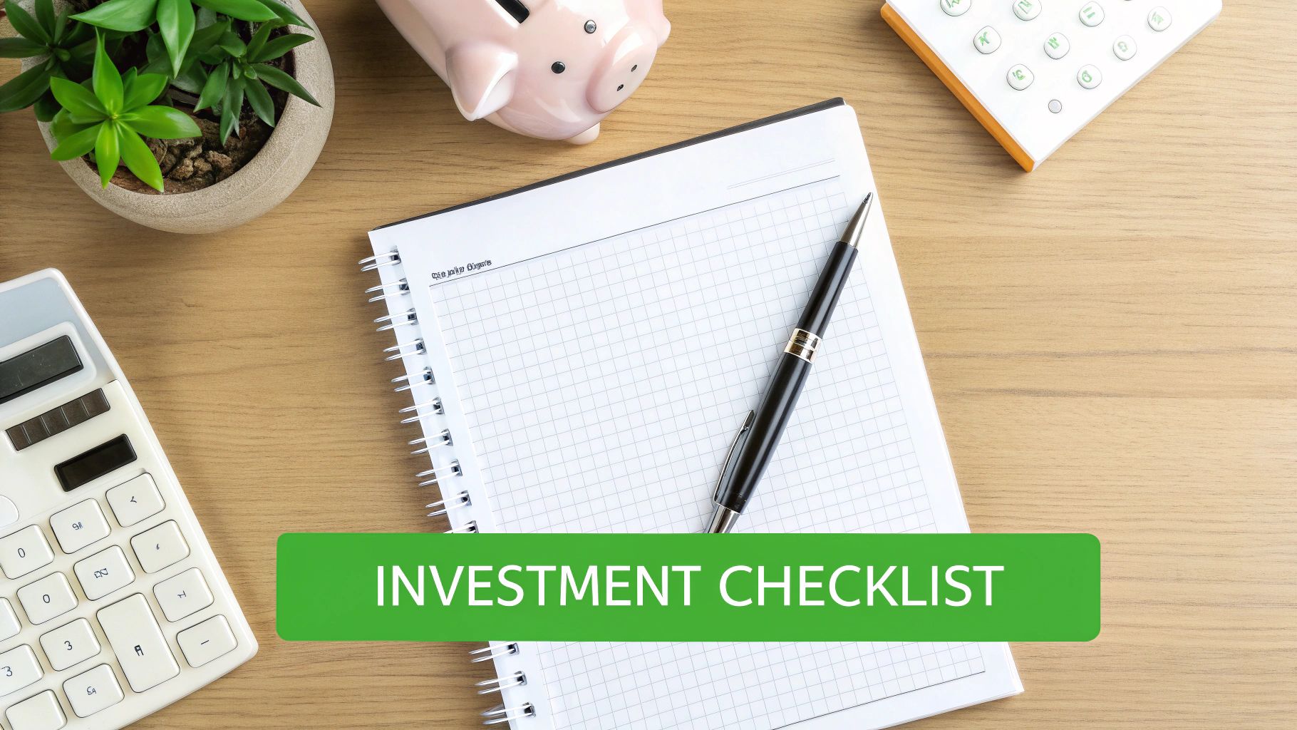 Flat lay of an investment checklist notebook, pen, calculators, piggy bank, and plant on a wooden desk.