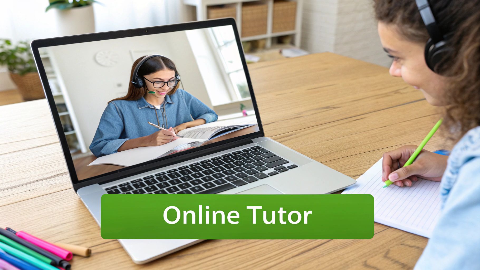 Two young women, one on a laptop screen, engage in an online tutoring session, both writing notes.