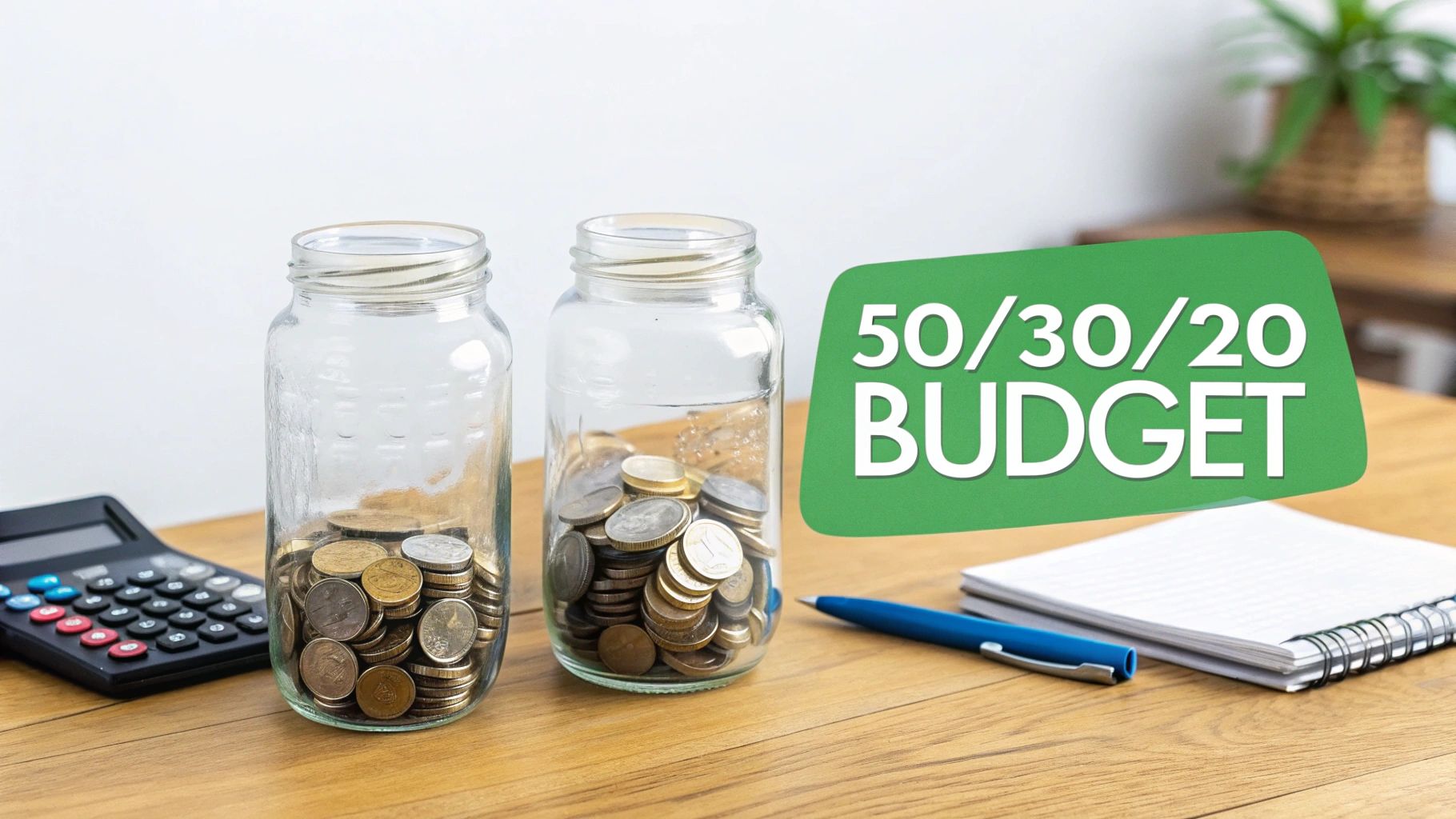 Two clear jars filled with coins on a wooden desk with a calculator, notebook, and pen. A '50/30/20 BUDGET' graphic is also present.