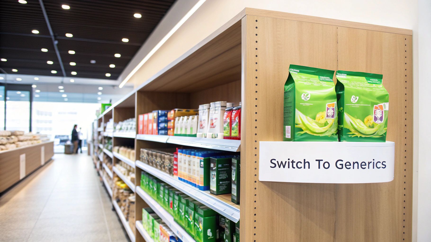 A brightly lit grocery store aisle with shelves of products and a prominent 'Switch To Generics' sign.