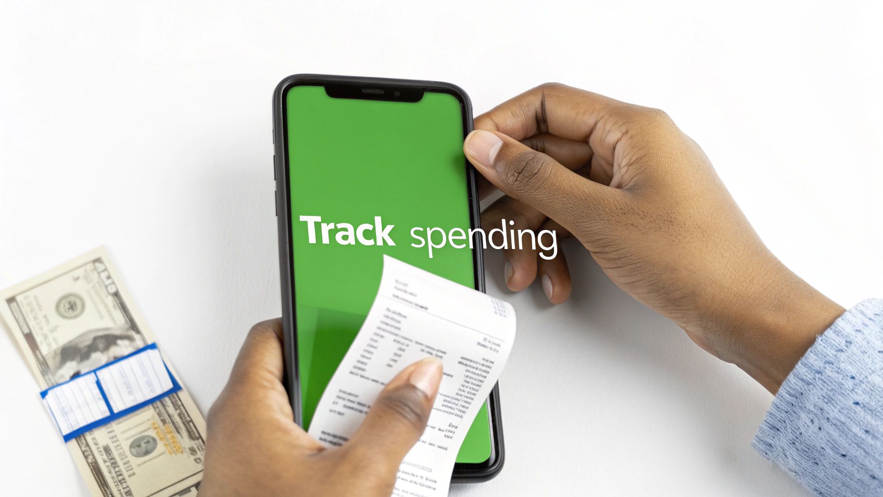 A person tracks spending on a smartphone with a receipt, next to a stack of dollar bills.