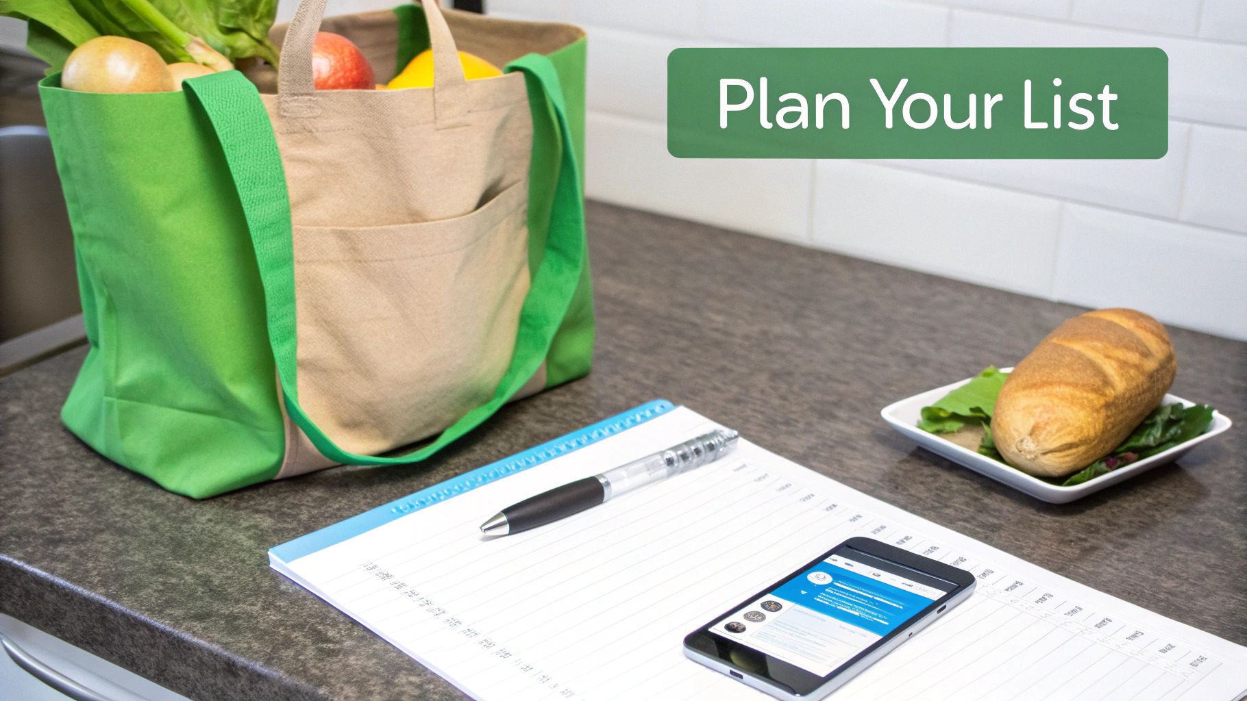 A reusable grocery bag, notepad, pen, and smartphone on a kitchen counter, with text 'Plan Your List', for grocery savings tips