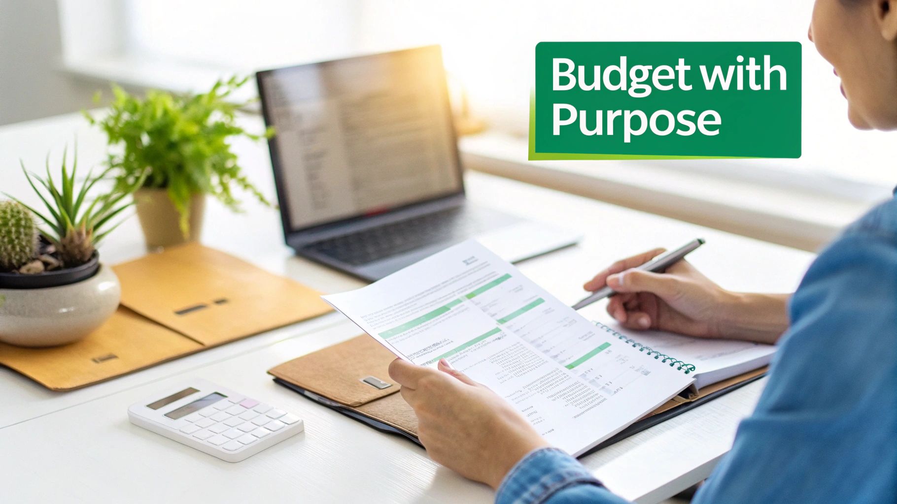 Person budgeting at a desk with a laptop, calculator, and plants, holding a document and writing.