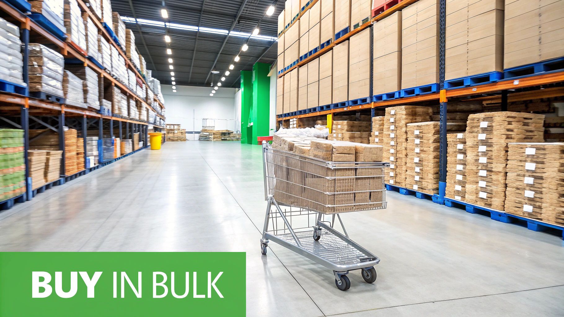 A shopping cart filled with boxes in a large warehouse store aisle with tall shelves of bulk products.