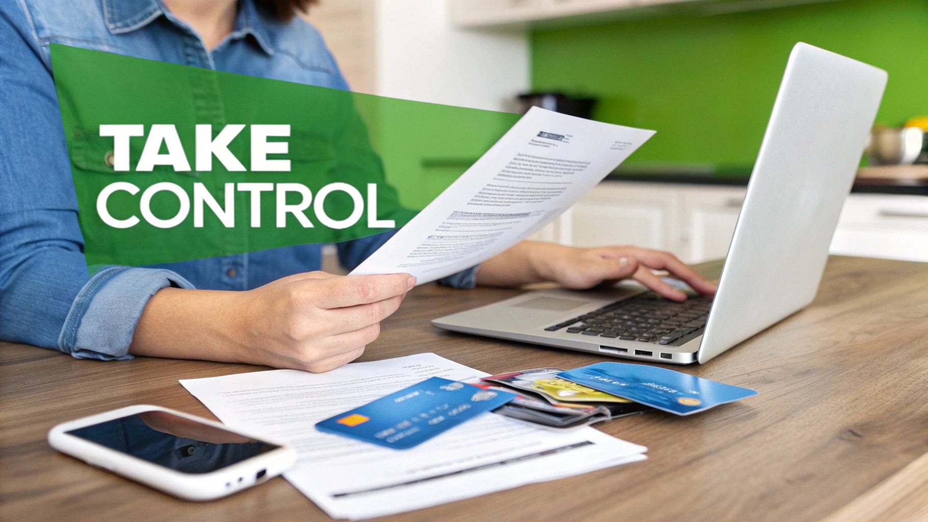 Person reviewing documents and using a laptop with credit cards, overlaid with 'TAKE CONTROL'.