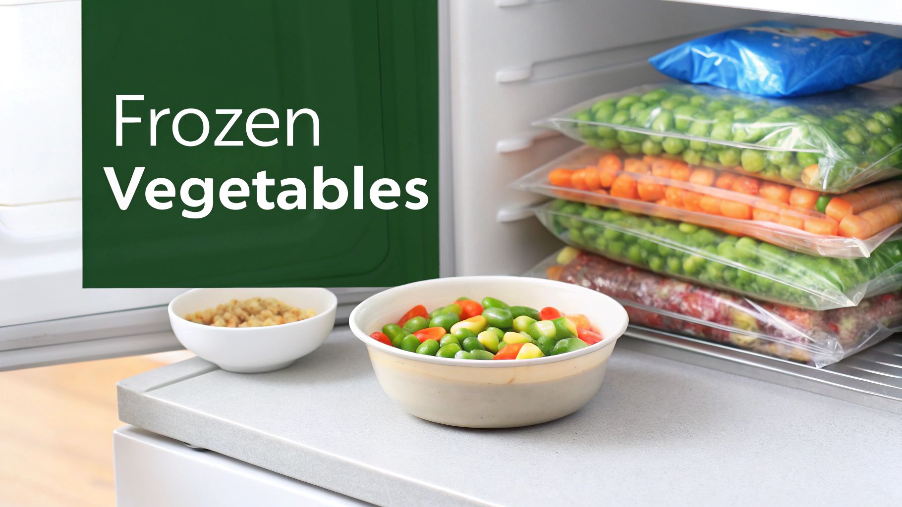 An open freezer stocked with bags of frozen peas, carrots, and mixed vegetables, with bowls of veggies on a counter.
