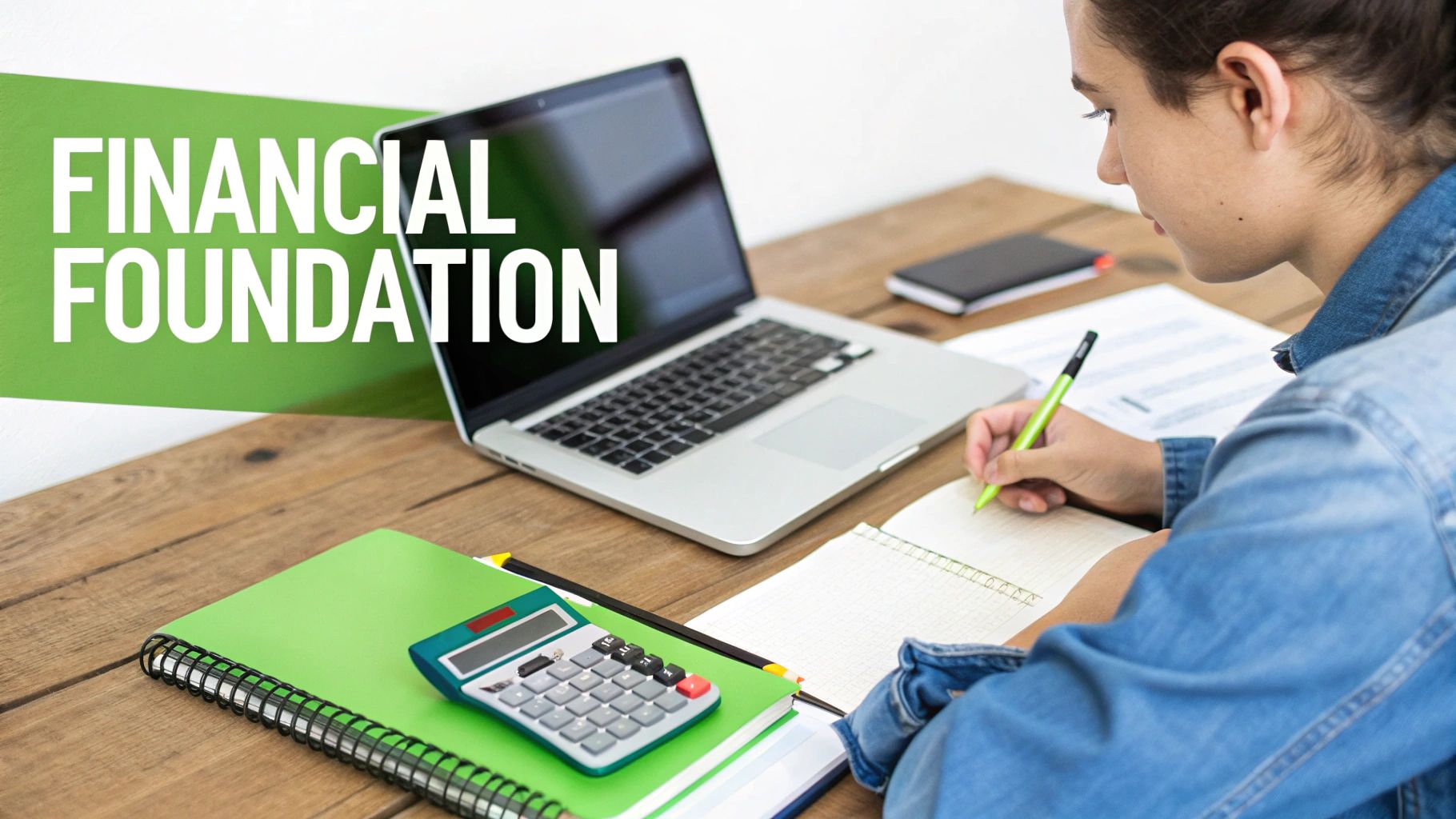 A young person studying financial foundation, writing notes with a laptop, calculator, and binders on a wooden desk.