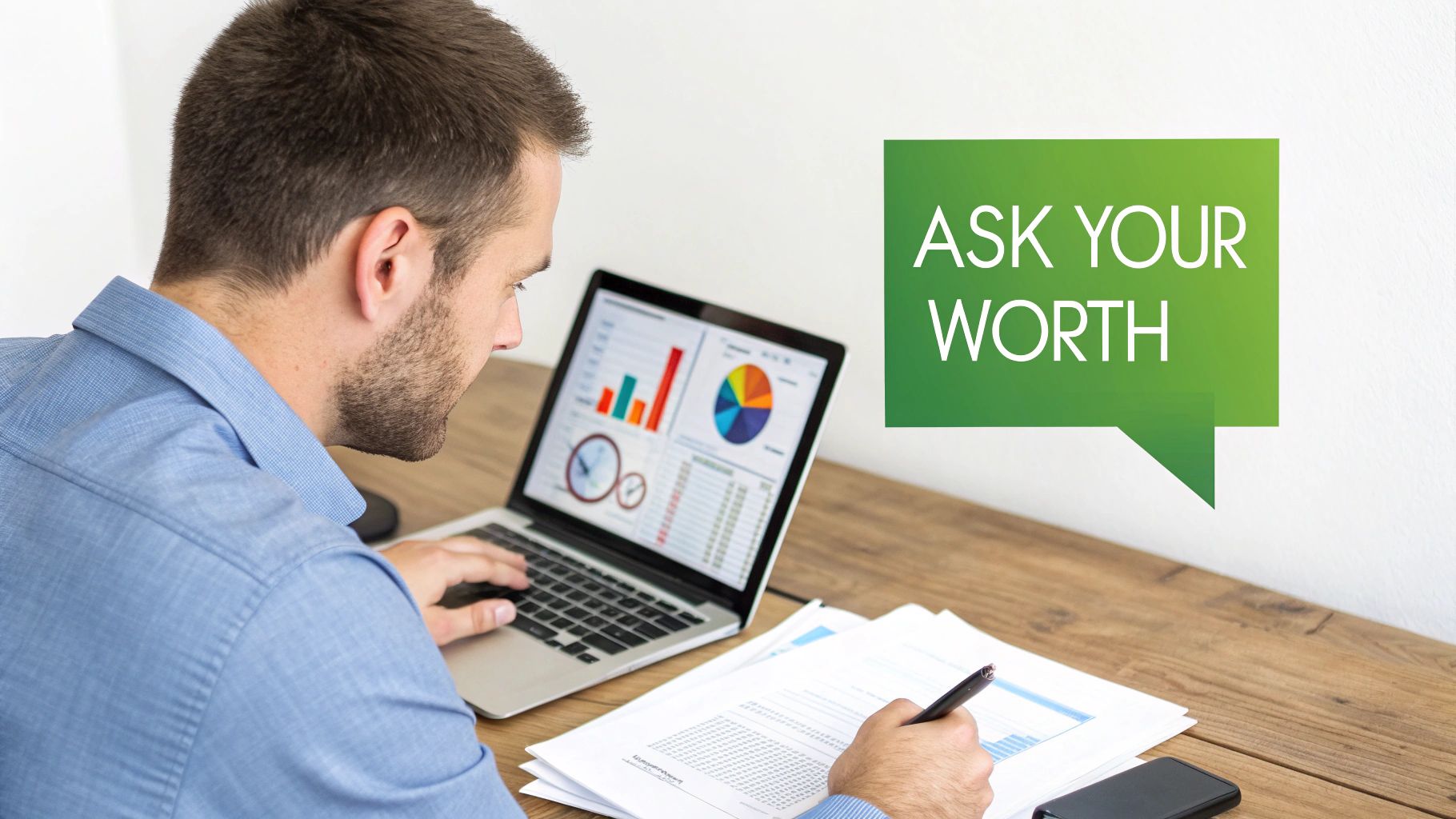 A man looking at a laptop displaying financial charts and graphs on a wooden desk, with an 'ASK YOUR WORTH' sign showing how to negotiate a salary