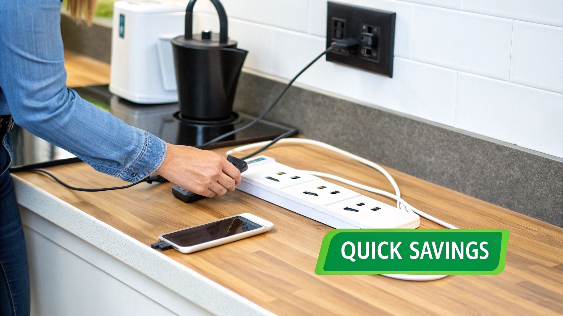 A person plugs a USB charger into a white power strip, with a smartphone nearby on a wooden counter.