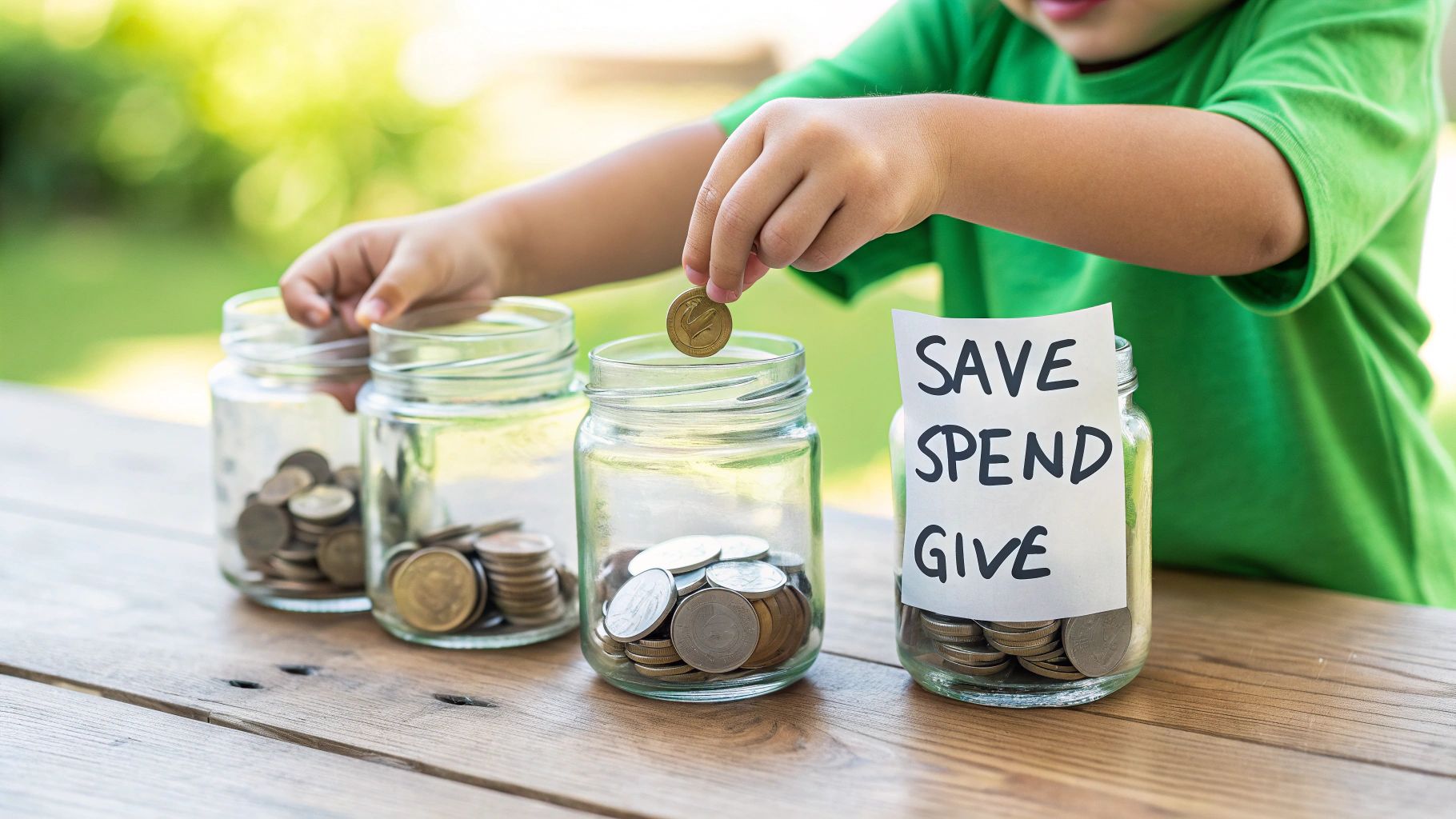 Child's hands put coins into glass jars labeled 'Save,' 'Spend,' and 'Give' on a wooden table.