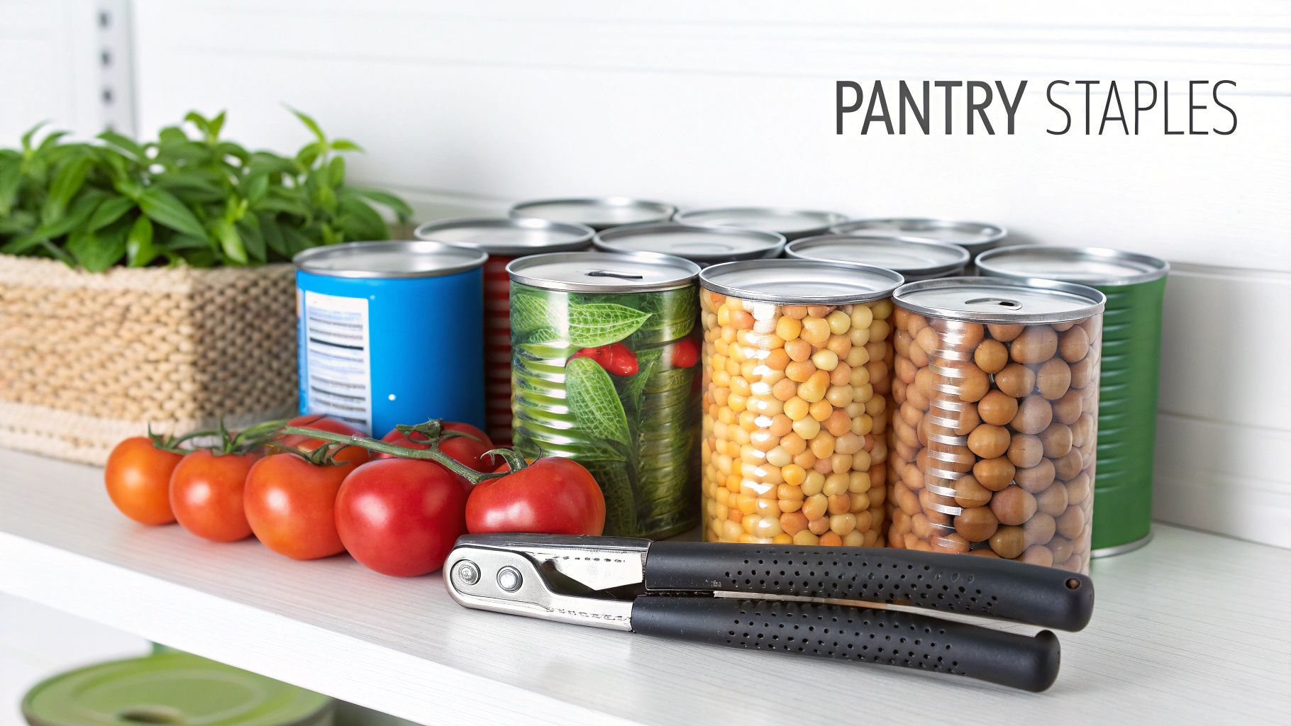 A shelf stocked with various pantry staples including canned goods, fresh tomatoes, and a can opener.