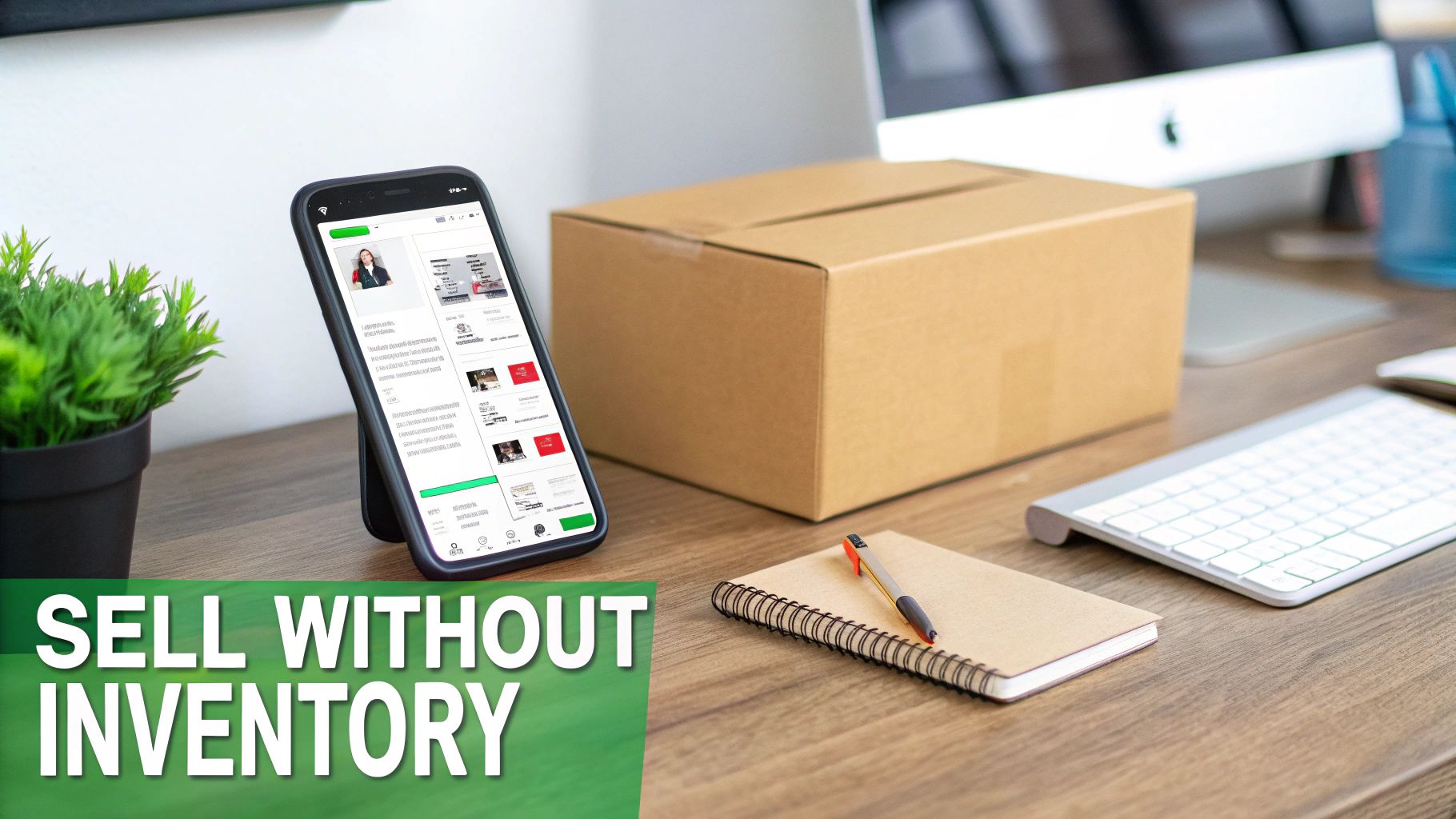 A desk setup with a smartphone running an e-commerce app, a shipping box, and a notebook, symbolizing dropshipping.