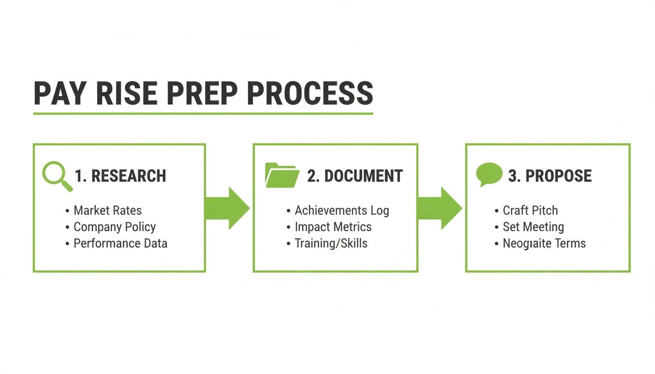 A visual guide detailing a three-step pay rise preparation process: research, document, and propose.