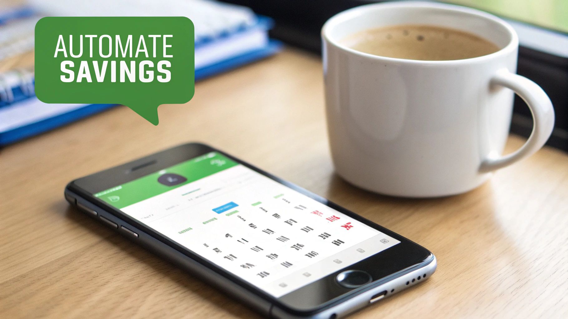 A smartphone on a wooden desk with a coffee mug, displaying 'AUTOMATE SAVINGS' in a speech bubble.