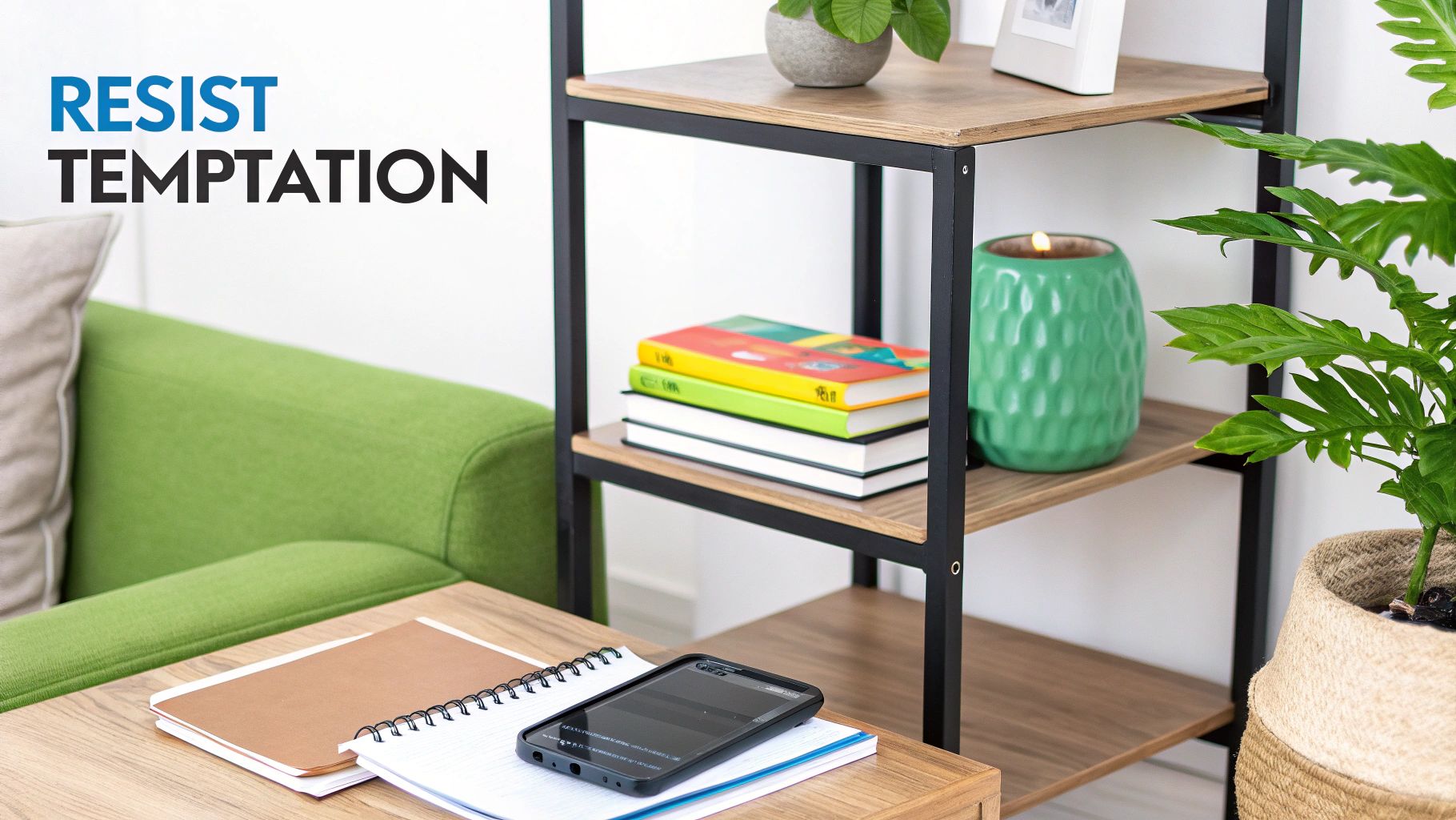 A cozy living room with a green couch, a wooden shelf with books, and a plant, displaying text 'RESIST TEMPTATION'.