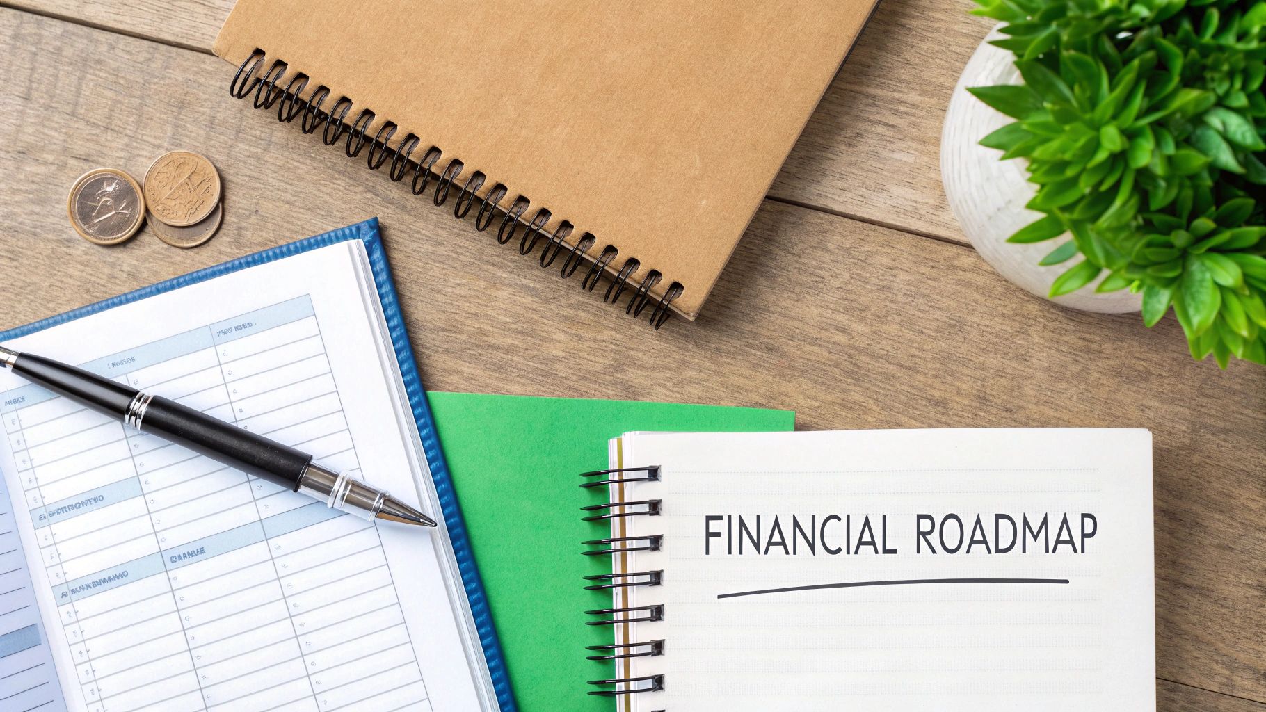 Flat lay of a desk with a 'Financial Roadmap' notebook, planner, pen, coins, and plant, symbolizing financial planning.