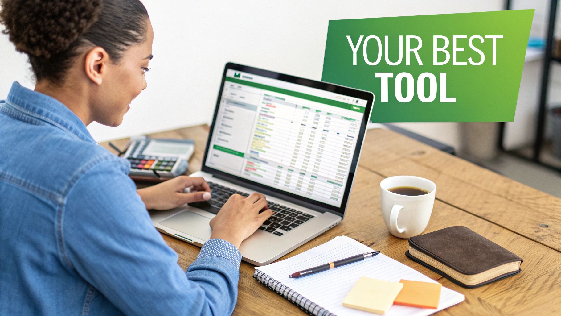 Smiling woman focused on budgeting spreadsheet on a laptop, with a calculator and coffee nearby.
