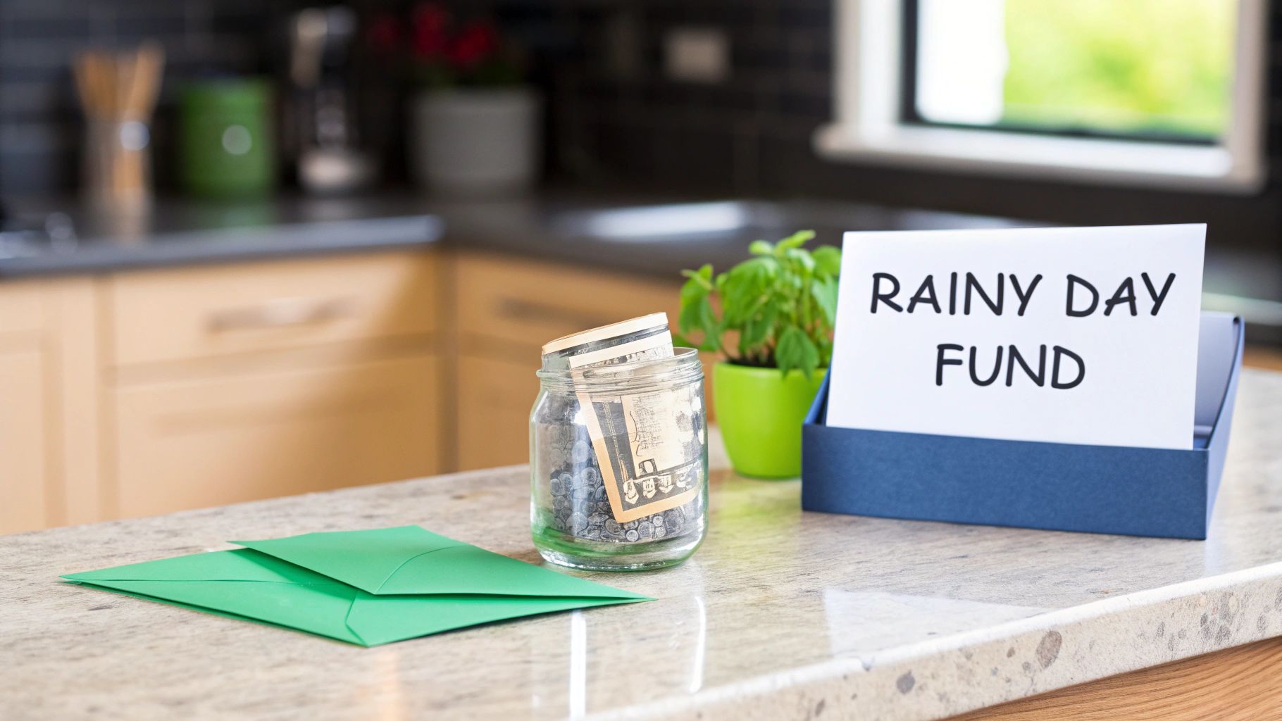 A 'Rainy Day Fund' sign in a box, a jar of money, and a green envelope on a kitchen counter.