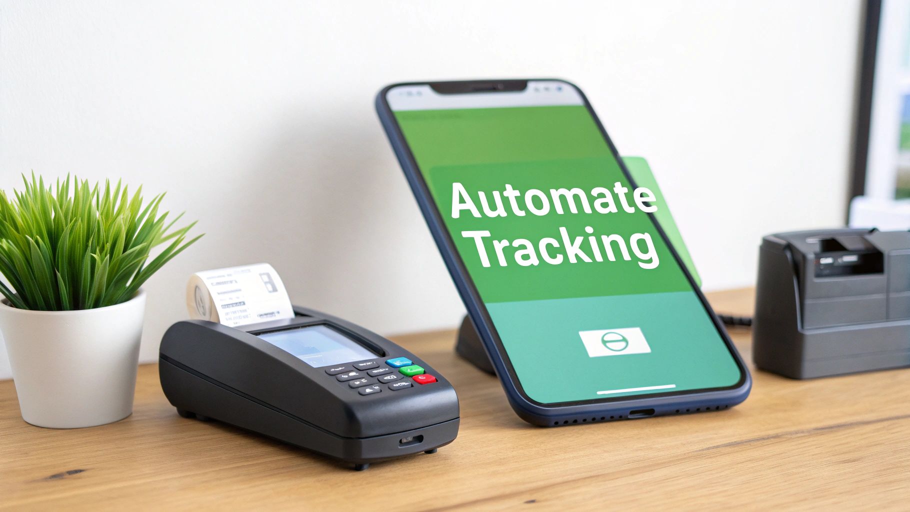 A person using a phone app to manage finances, with automated icons in the background