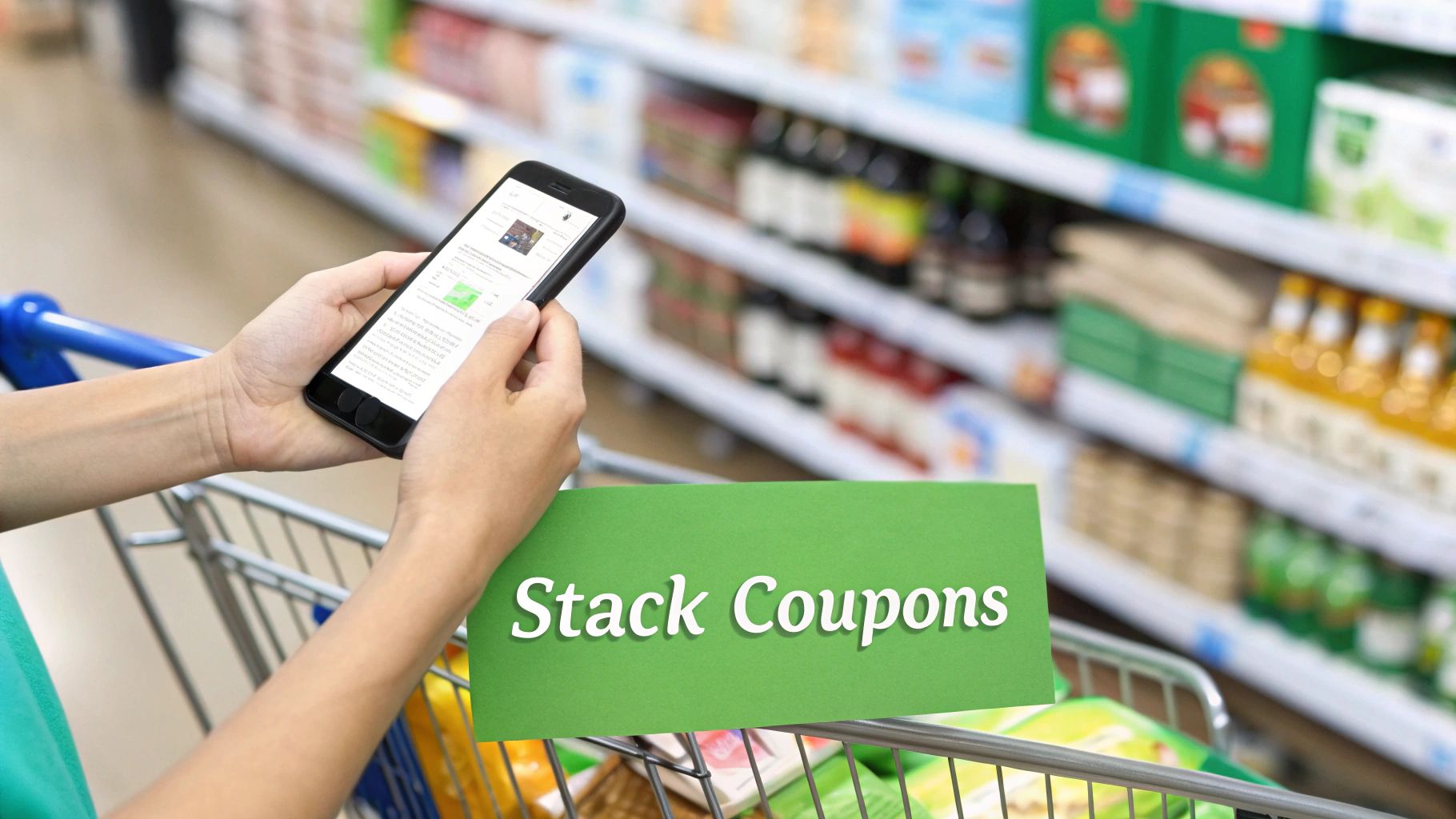 Person in supermarket cart holding smartphone and 'Stack Coupons' sign, looking for deals.