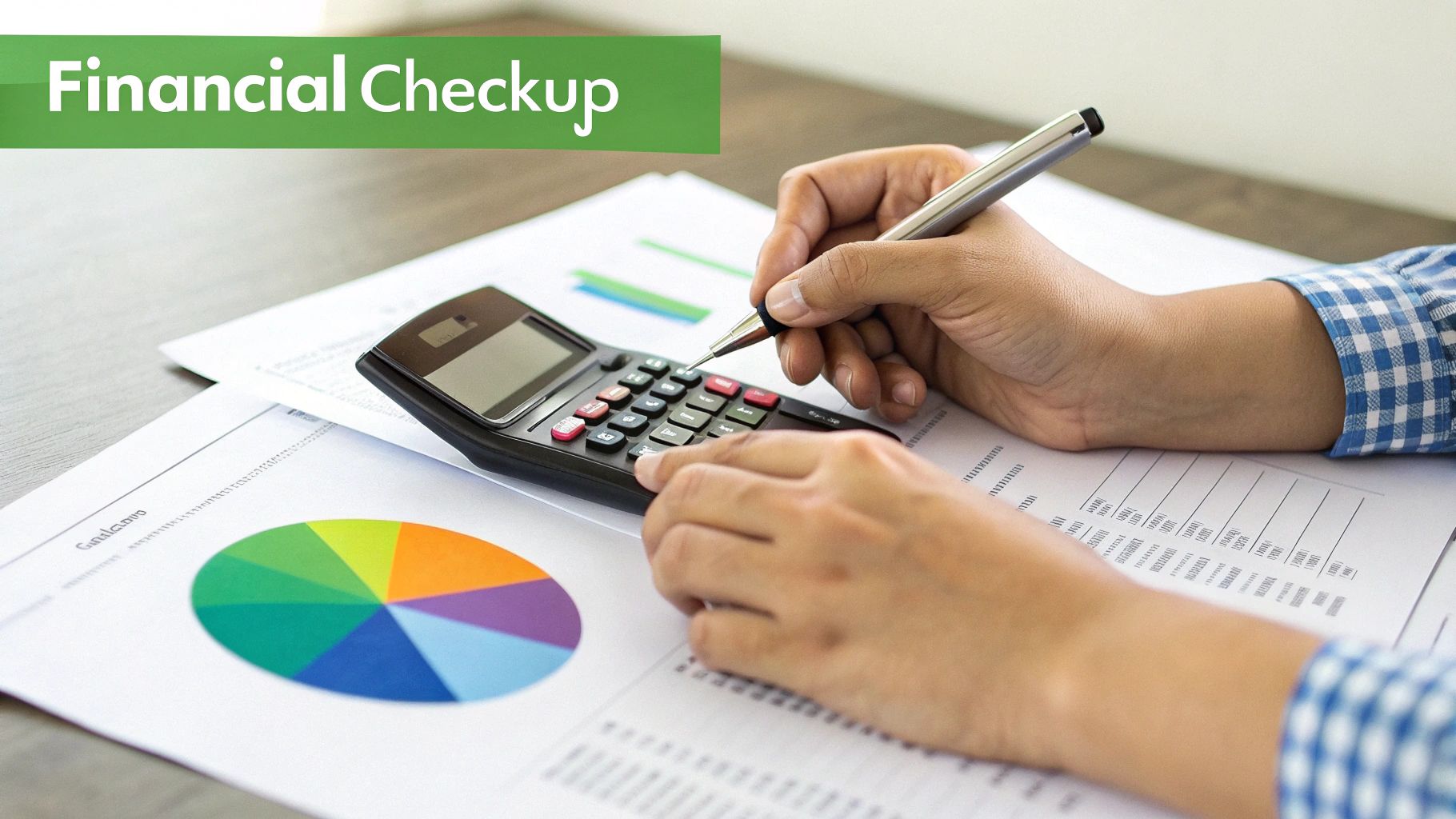 Hands using a calculator and pen, analyzing financial documents with charts for a financial checkup.
