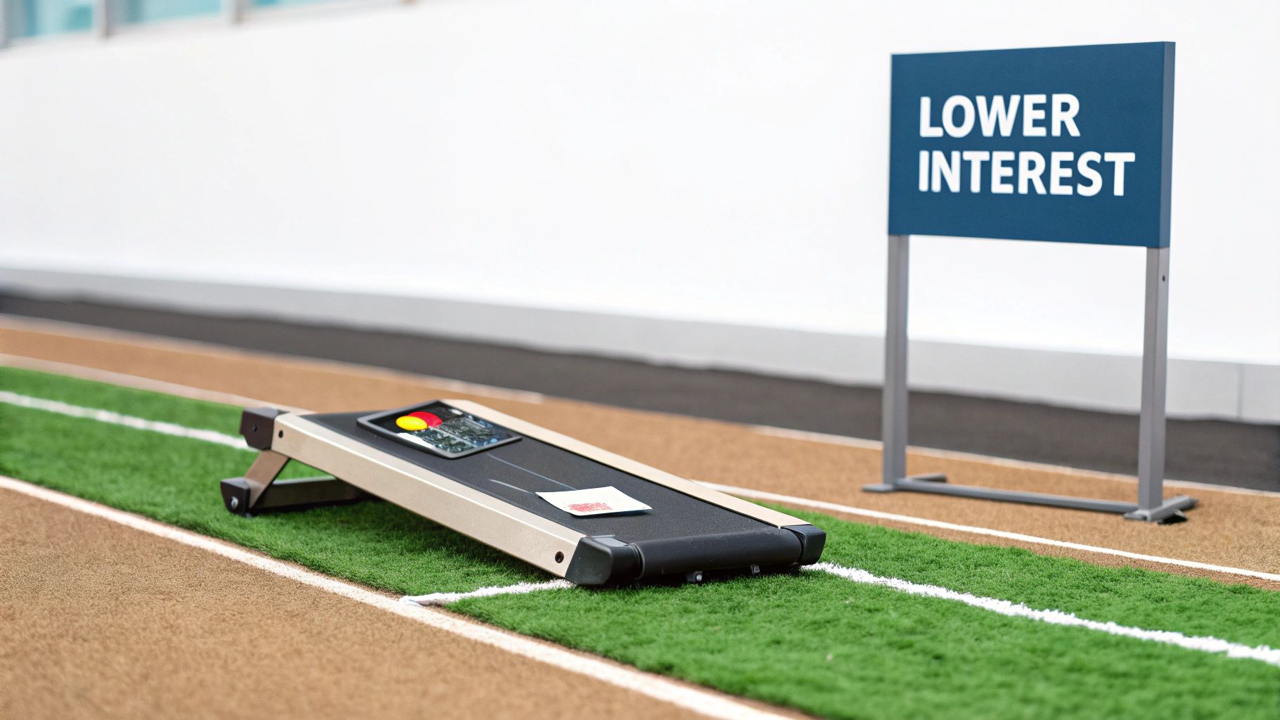 A miniature treadmill with a credit card on a running track, next to a 'LOWER INTEREST' sign.