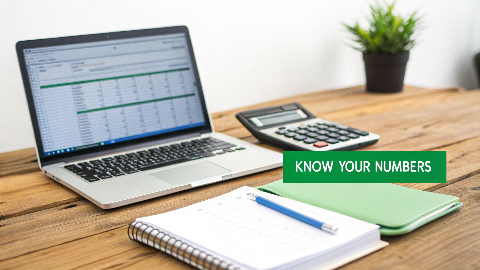 Desk with a laptop showing a spreadsheet, calculator, and notebook, promoting financial literacy.