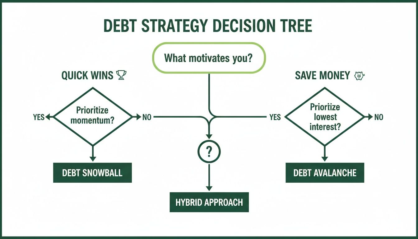 A decision tree flowchart outlining debt repayment strategies: Debt Snowball, Debt Avalanche, and Hybrid Approach.