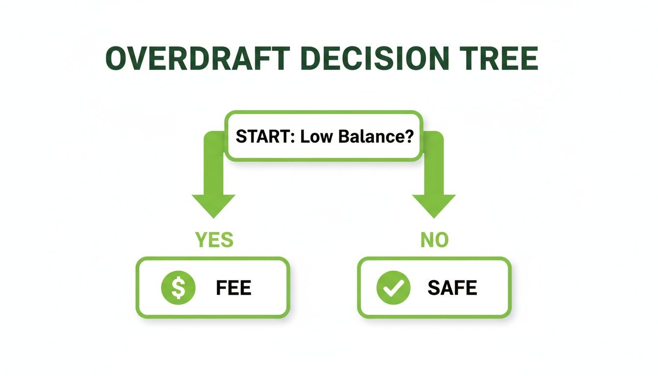An overdraft decision tree flowchart showing that a low balance leads to a fee.