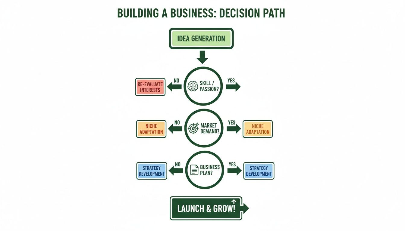 A flowchart illustrating the decision path for building a business, from idea generation to launch and growth.