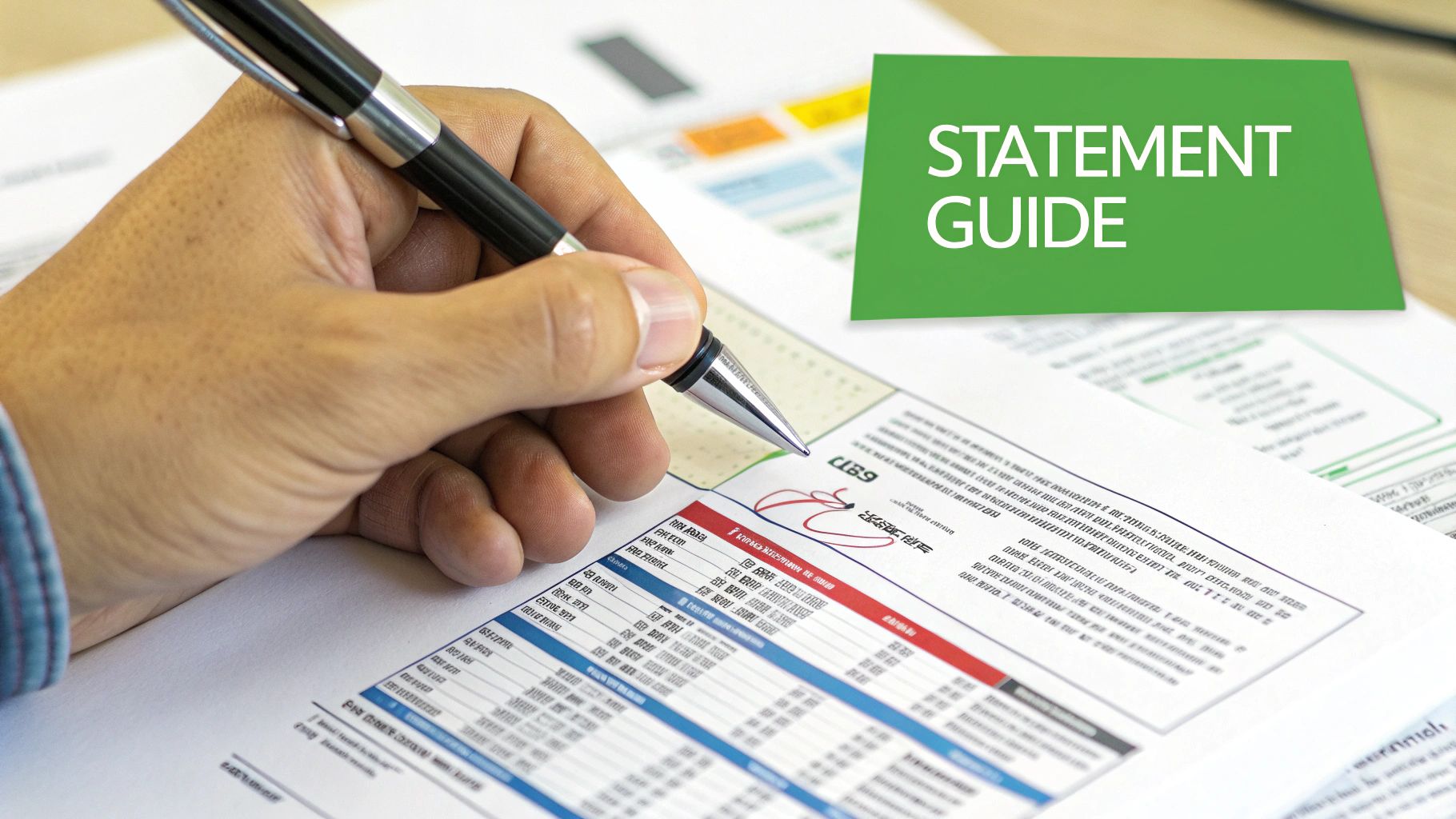 A hand holds a pen, pointing at a financial statement document with a 'STATEMENT GUIDE' card.